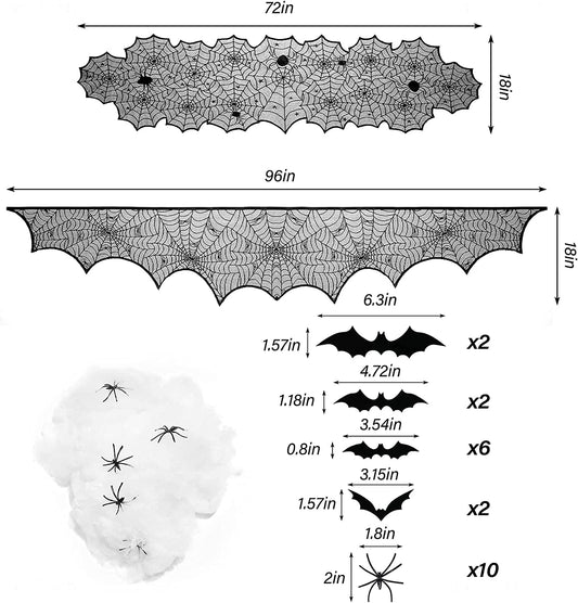 25PCS Halloween Decor Spiderweb Fireplace Mantle Scarf Table Runner Spider Webs