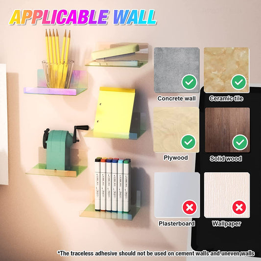 Iridescent Acrylic Floating Shelves with Edge 5PCS Small Wall Mounted 4.3"x3.5"