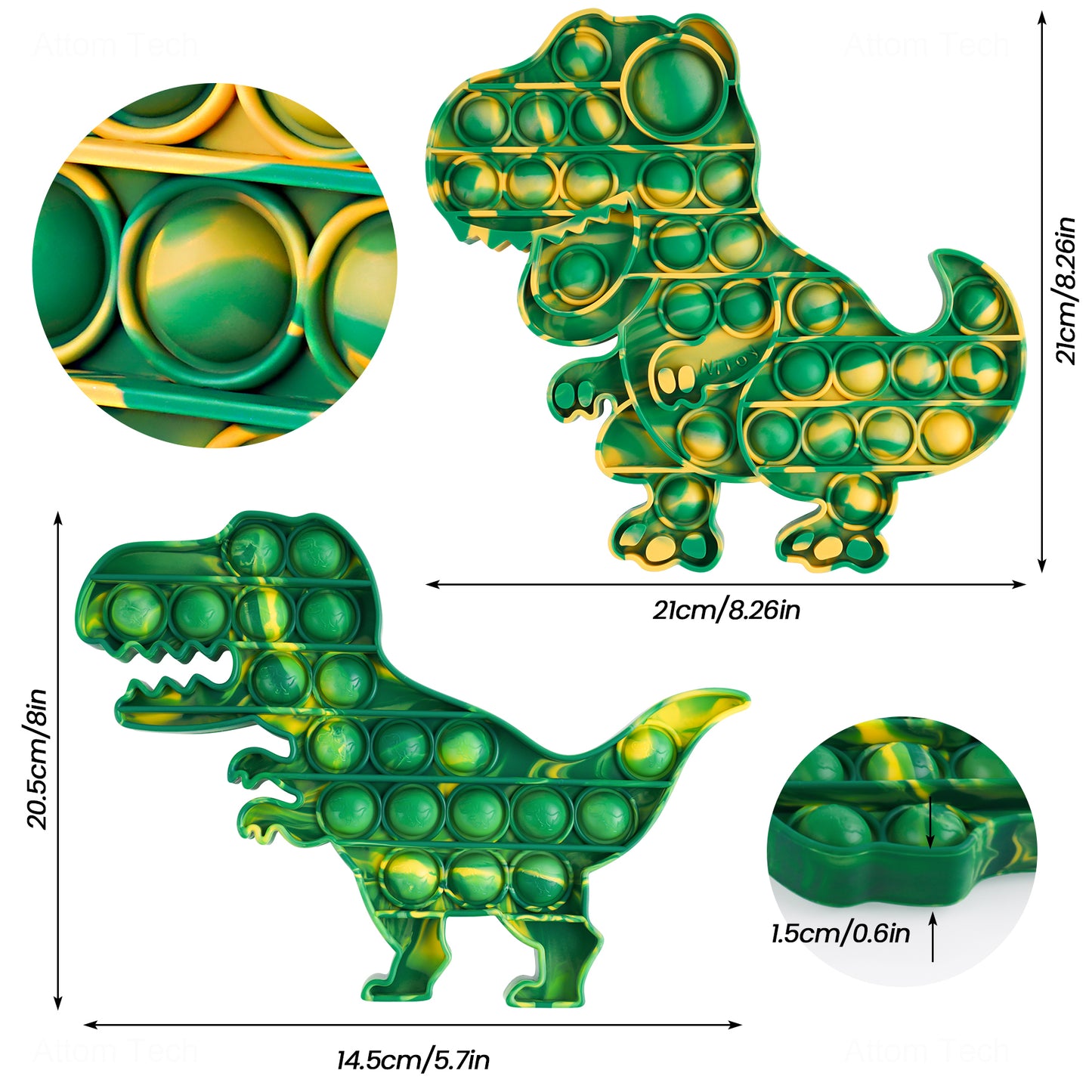 2-Pack Push Pop Bubble Fidget Sensory Toy Set Large Size Silicone Dinosaur Fid