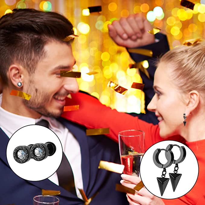 Earrings Men 12 Pairs Black Stud Hoop Earrings Hanging Earrings Stainless Steel