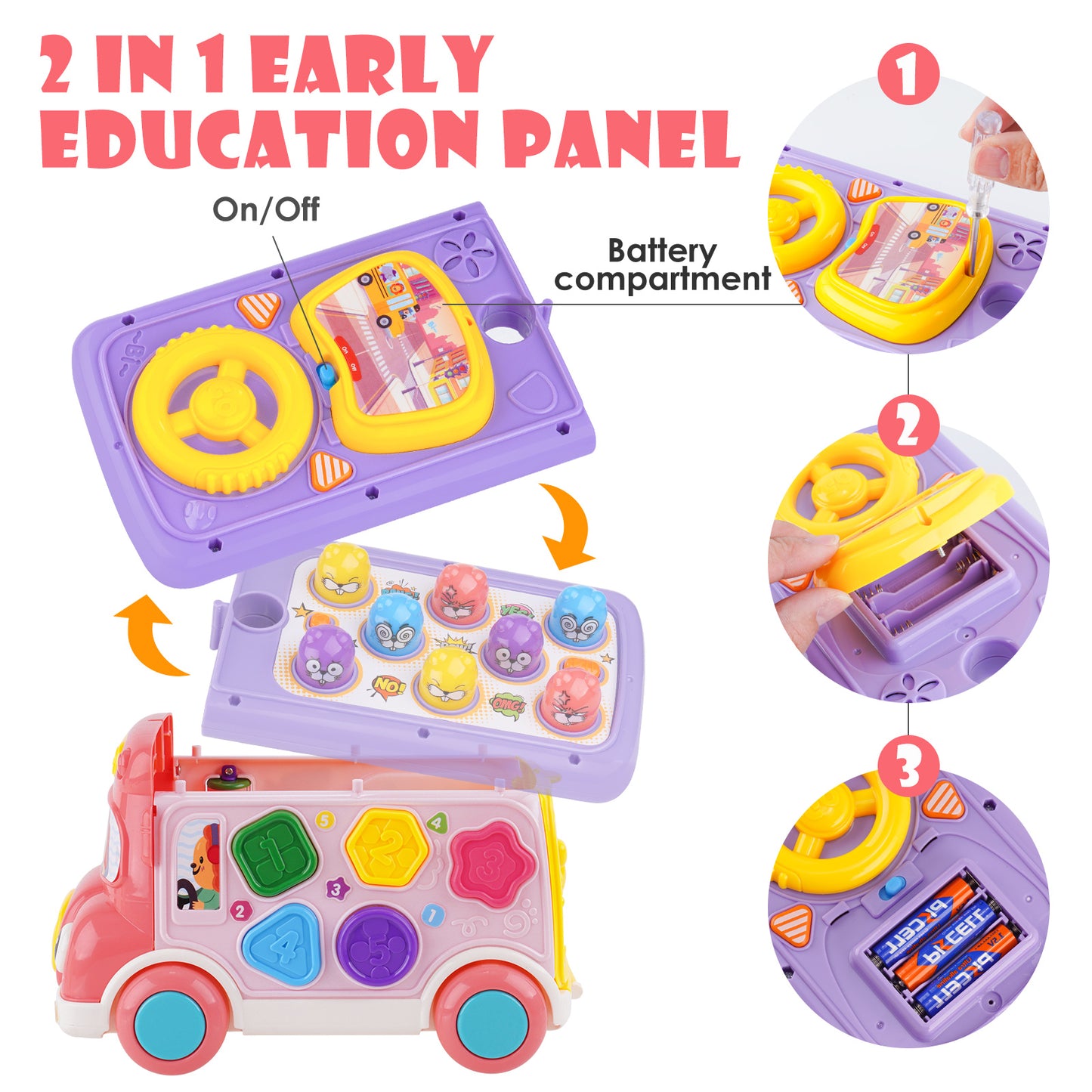 Pull Bus Toy with Lights & Sound, Musical Learning Toys Shape Sorter