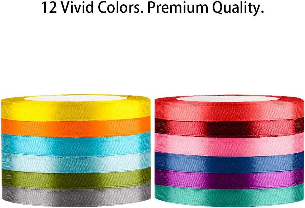 12 Color 300 Yard Total Satin Ribbon, Silk Satin Rolls for Gift Package Wrapping