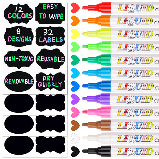 12 Colors Liquid Chalk Markers with 32PCS Chalkboard Stickers Kit, Glass Marke