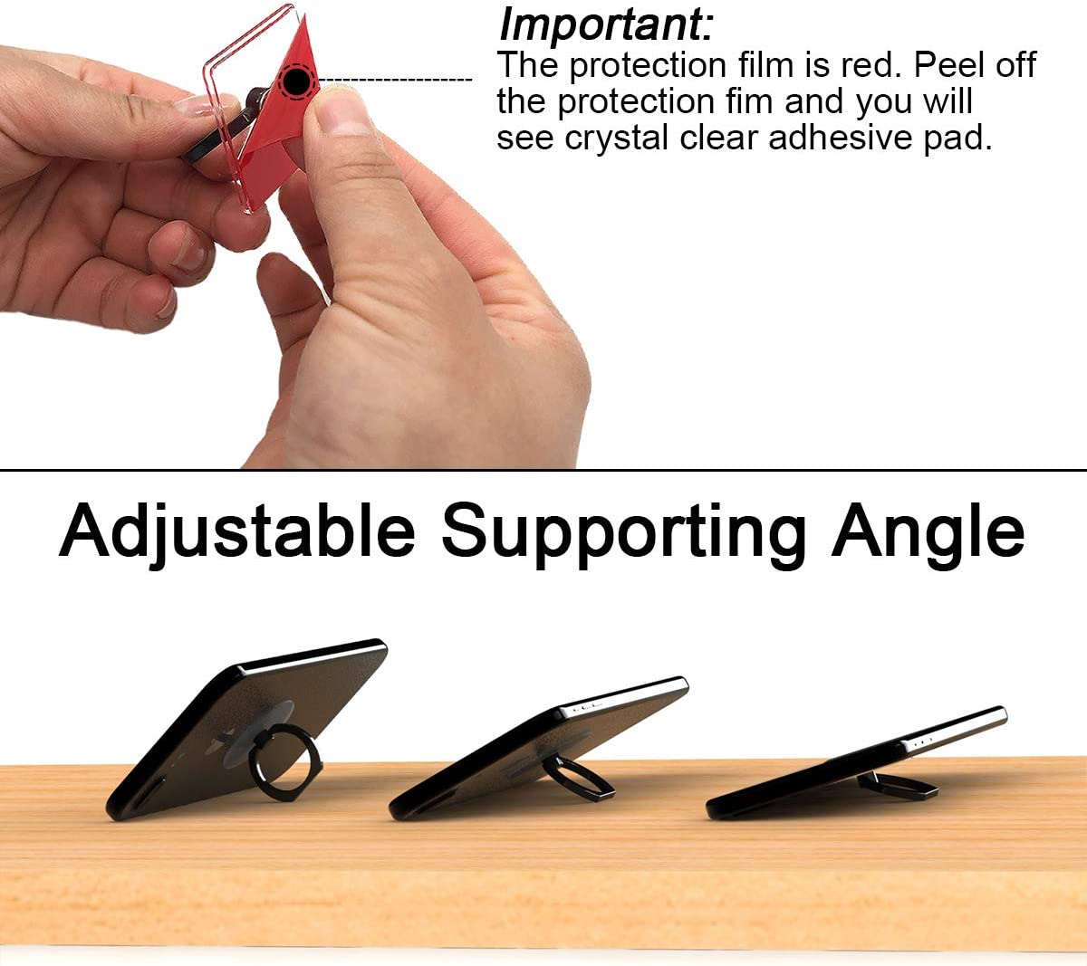 Transparent Phone Finger Ring Holder Grip 360 Degree Rotation Kick-Stand (Black)