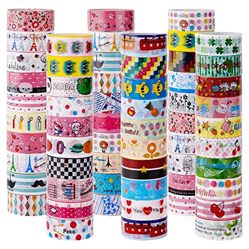 60 Rolls Plastic Washi Tapes, 15mm Wide Random Cute Cartoon Patterns Waterproo