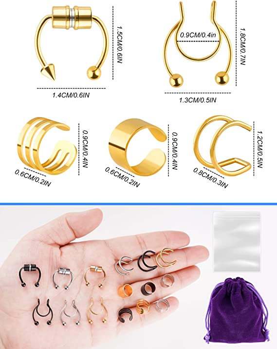 Clip-On Stainless Steel Septum Jewelry 15PCS Fake Nose Rings Hoops Non-Piercing