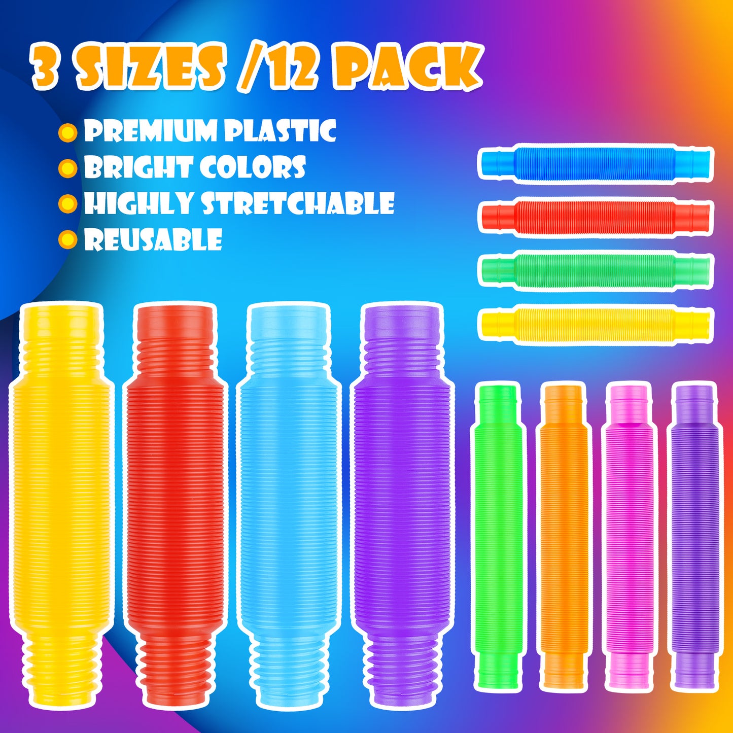 12PCS Pop Tube Sensory Fidget Toy Combo Set (4Big+4Medium+4Mini) Stretchable P