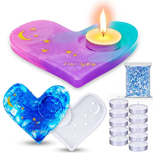 Epoxy Resin DIY Casting Silicone Mold Kit Heart Shaped Candle Holder+10PCS Tea