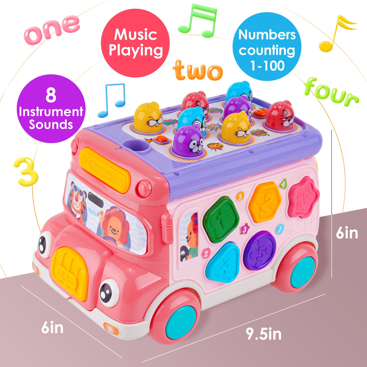 Pull Bus Toy with Lights & Sound, Musical Learning Toys Shape Sorter