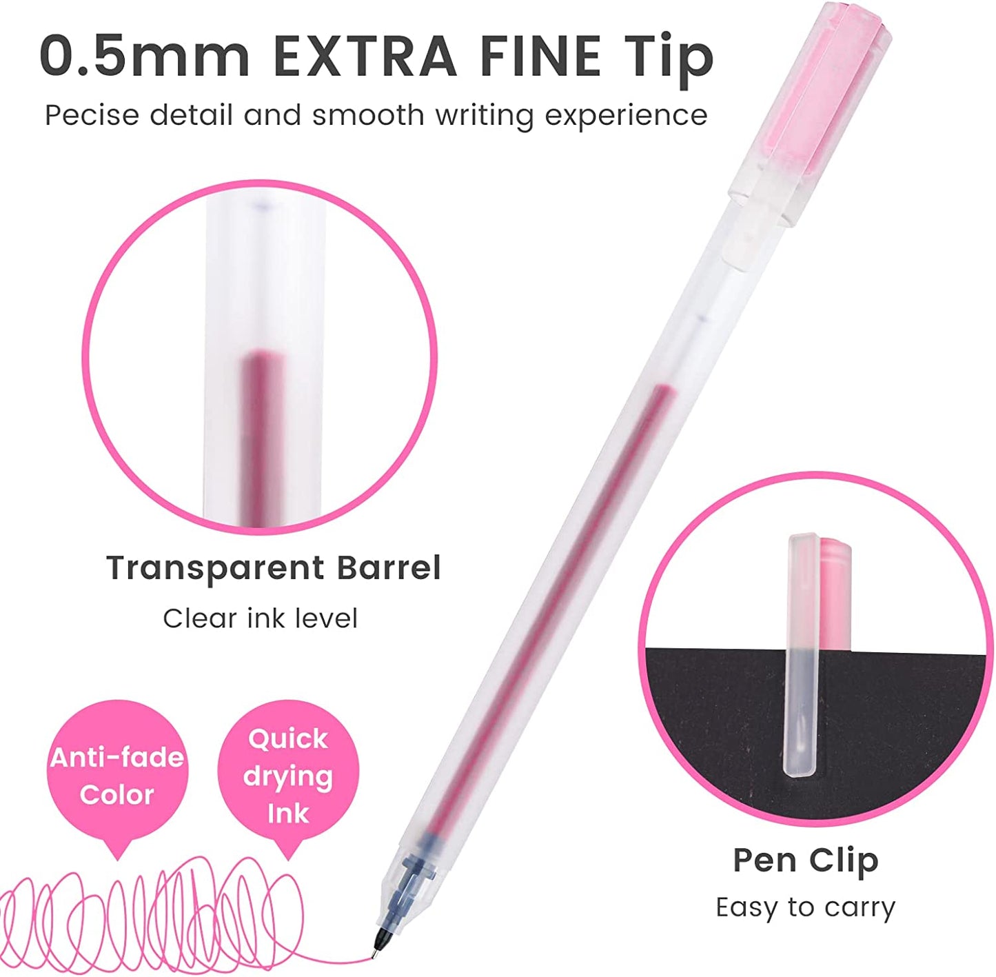 Colored Gel Pens 24 Colors Ink 0.5mm Fine Point Ball Point Pen 25% More Ink
