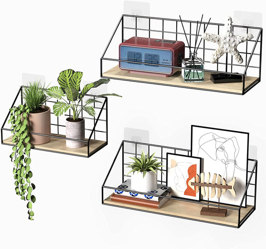 NiHome Wall Mount Shelf Rustic Wood Floating Shelves for Wall Set of 3 (Black)