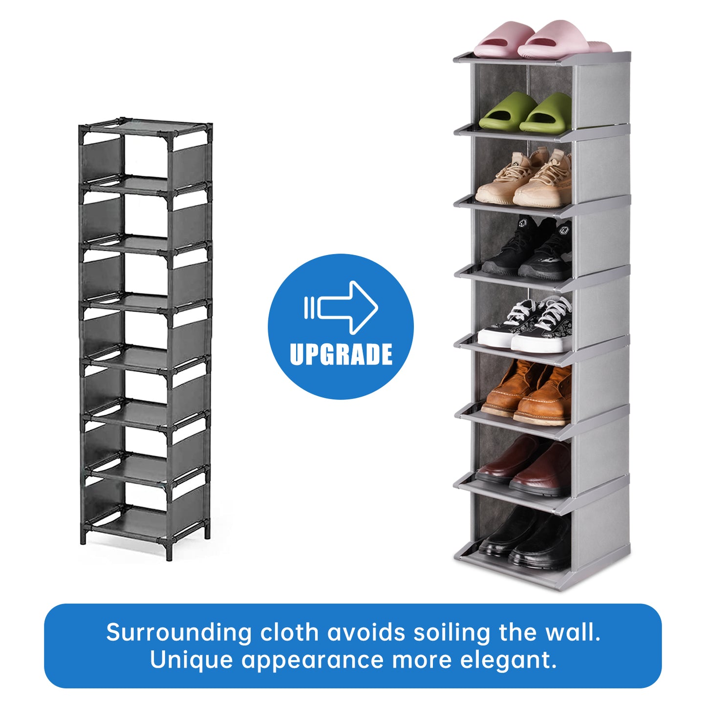 8-Tier Shoe Rack Tall Narrow 12"x11"x48" Lightweight Space-Saving Shelf Storage