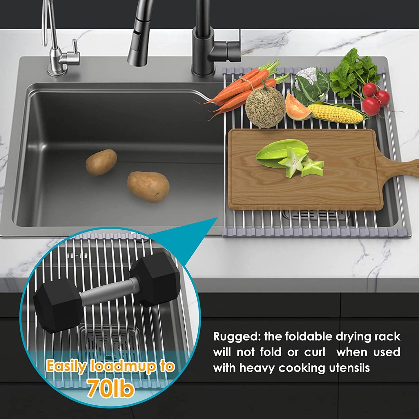 Roll Up Dish Drying Rack w/ Sink Caddy Expandable Over The Sink Dish Drying Rack