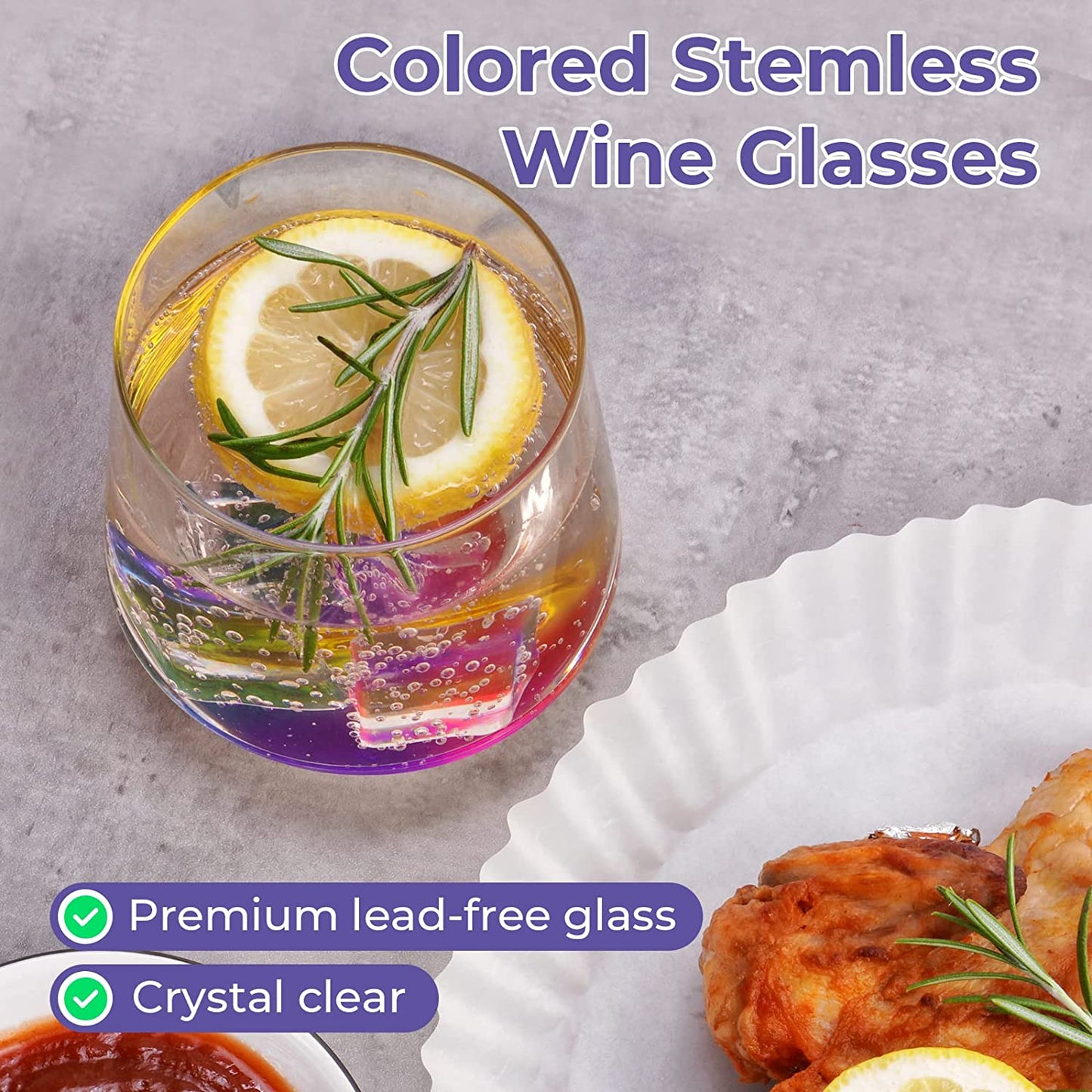 Stemless Wine Glass Rainbow Colored Wine Glasses 6PCS Wine Tumbler Glasses 12oz