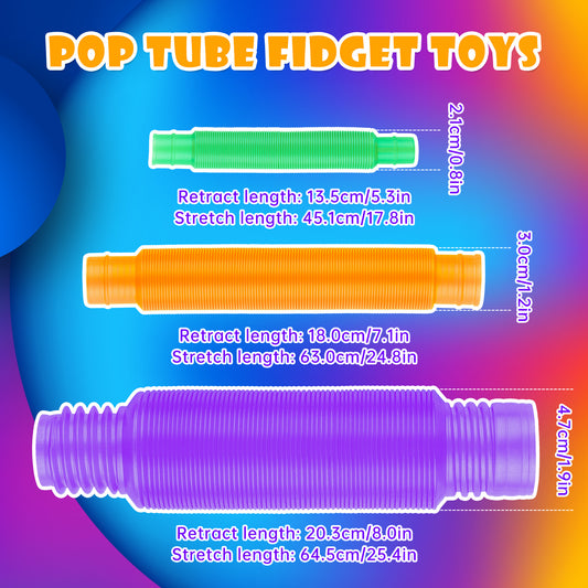 12PCS Pop Tube Sensory Fidget Toy Combo Set (4Big+4Medium+4Mini) Stretchable P