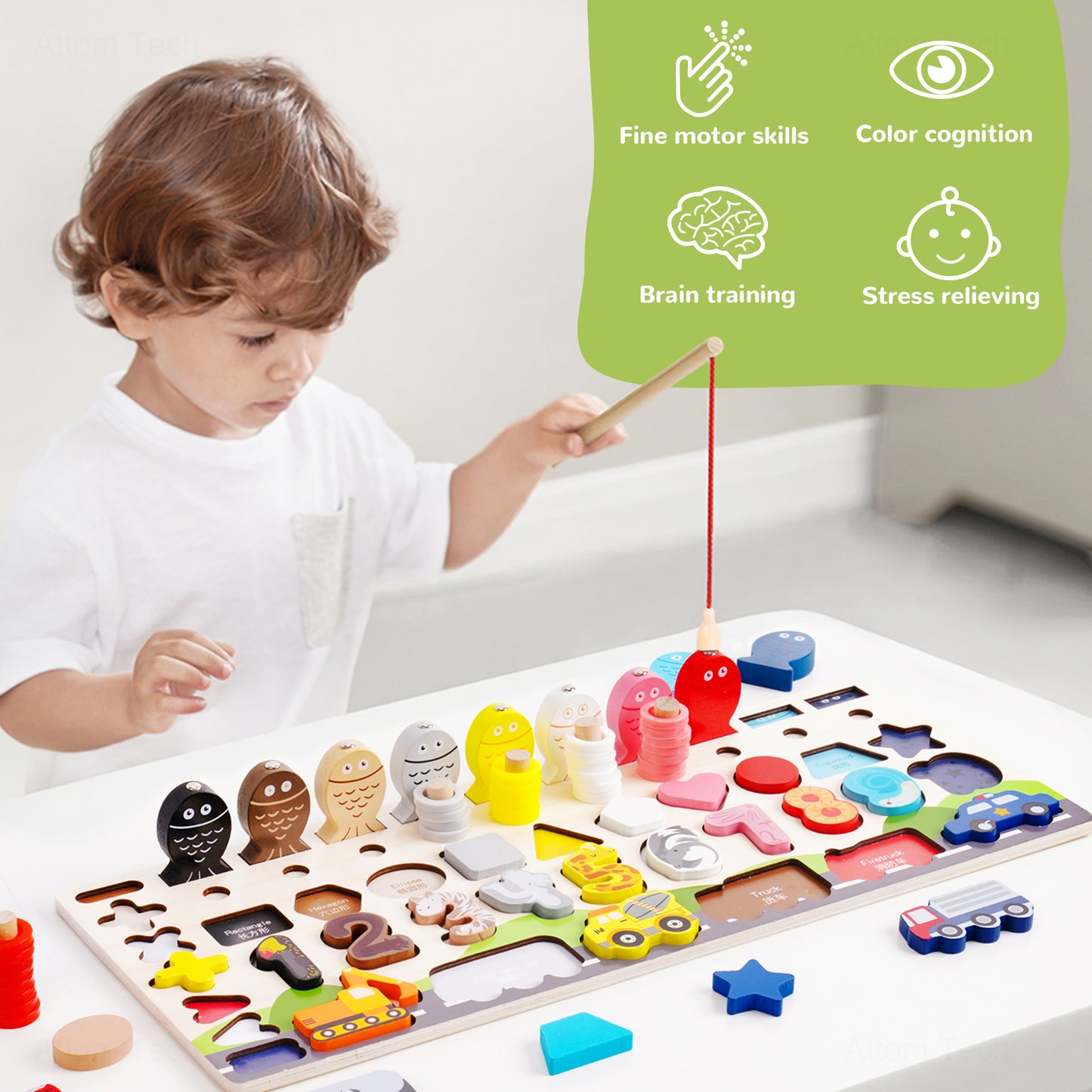 Wooden Magnetic Fishing Puzzle Sorting Stacking Toy 6-In-1 3D STEM Montessori