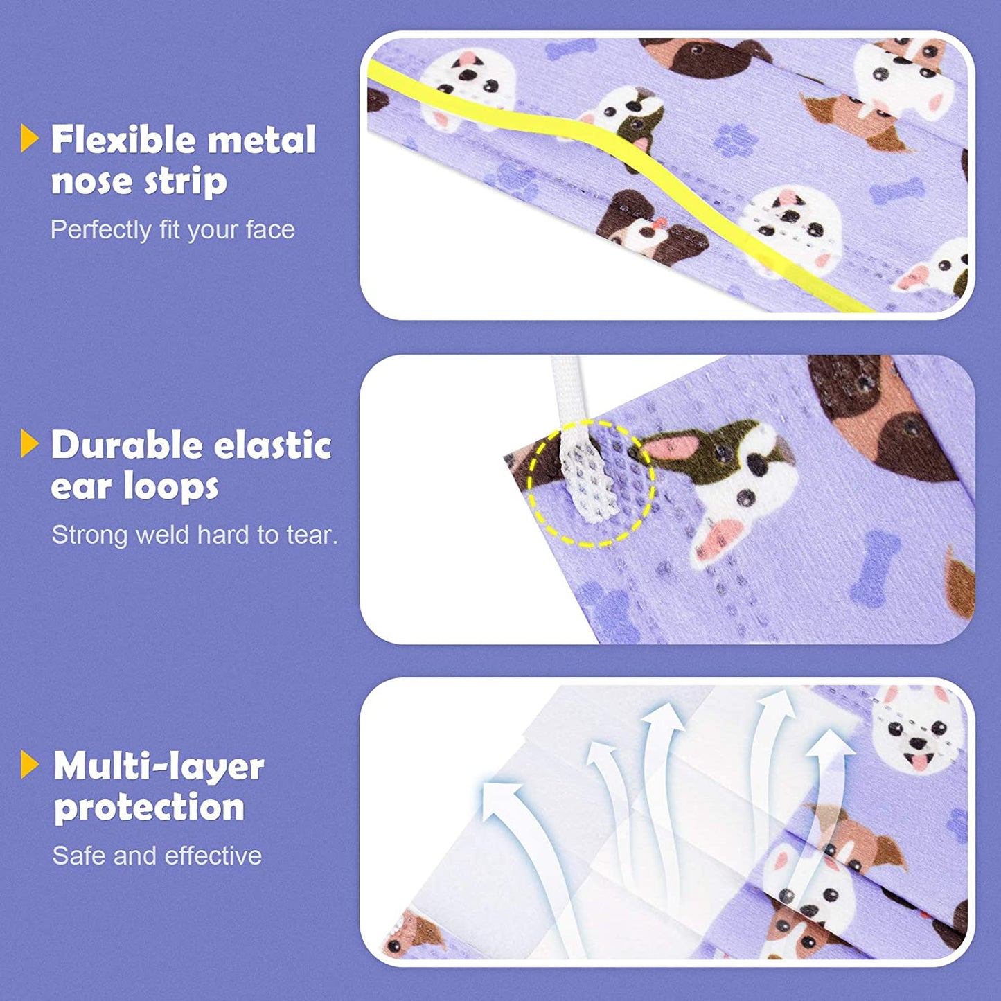 Kid Individual Packed Disposable 60PCS 3-Layer Fabric Cute Patterns Green Purple