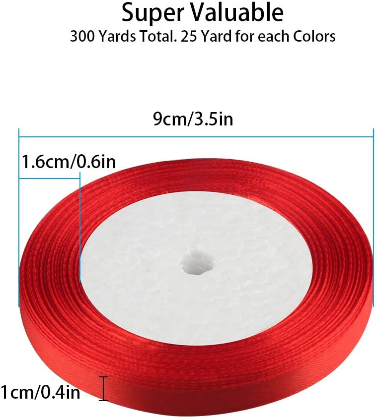 12 Color 300 Yard Total Satin Ribbon, Silk Satin Rolls for Gift Package Wrapping