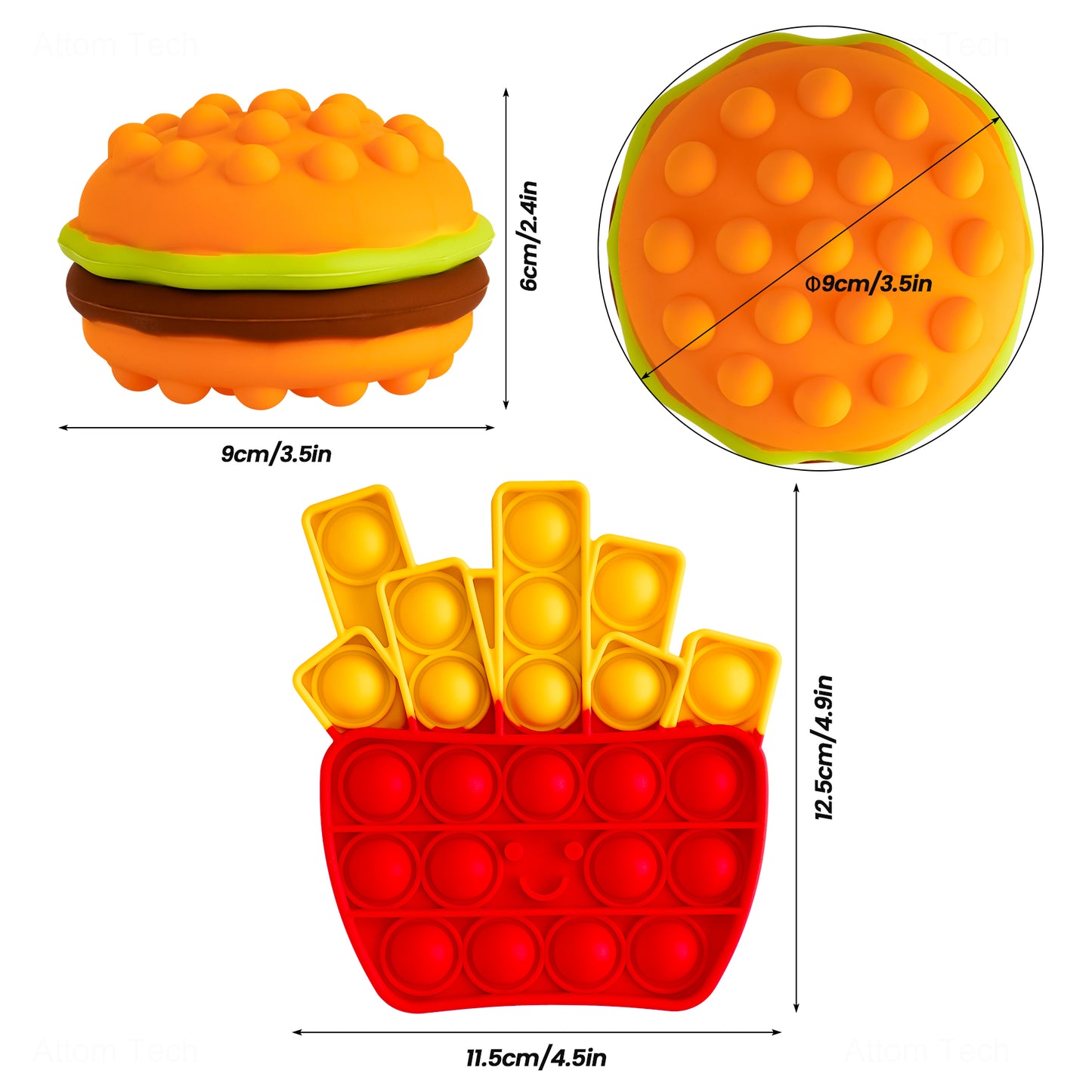 2-Pack Silicone Push Pop Bubble Fidget Toys, Fast Food Shapes Sensory Toys