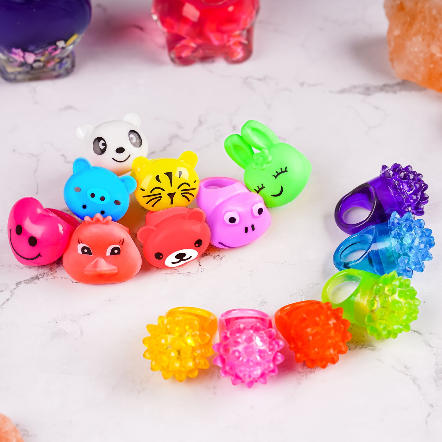 30PC Flashing LED Light Up Bumpy Jelly Rubber Ring 10 Shapes Colorful Finger Toy