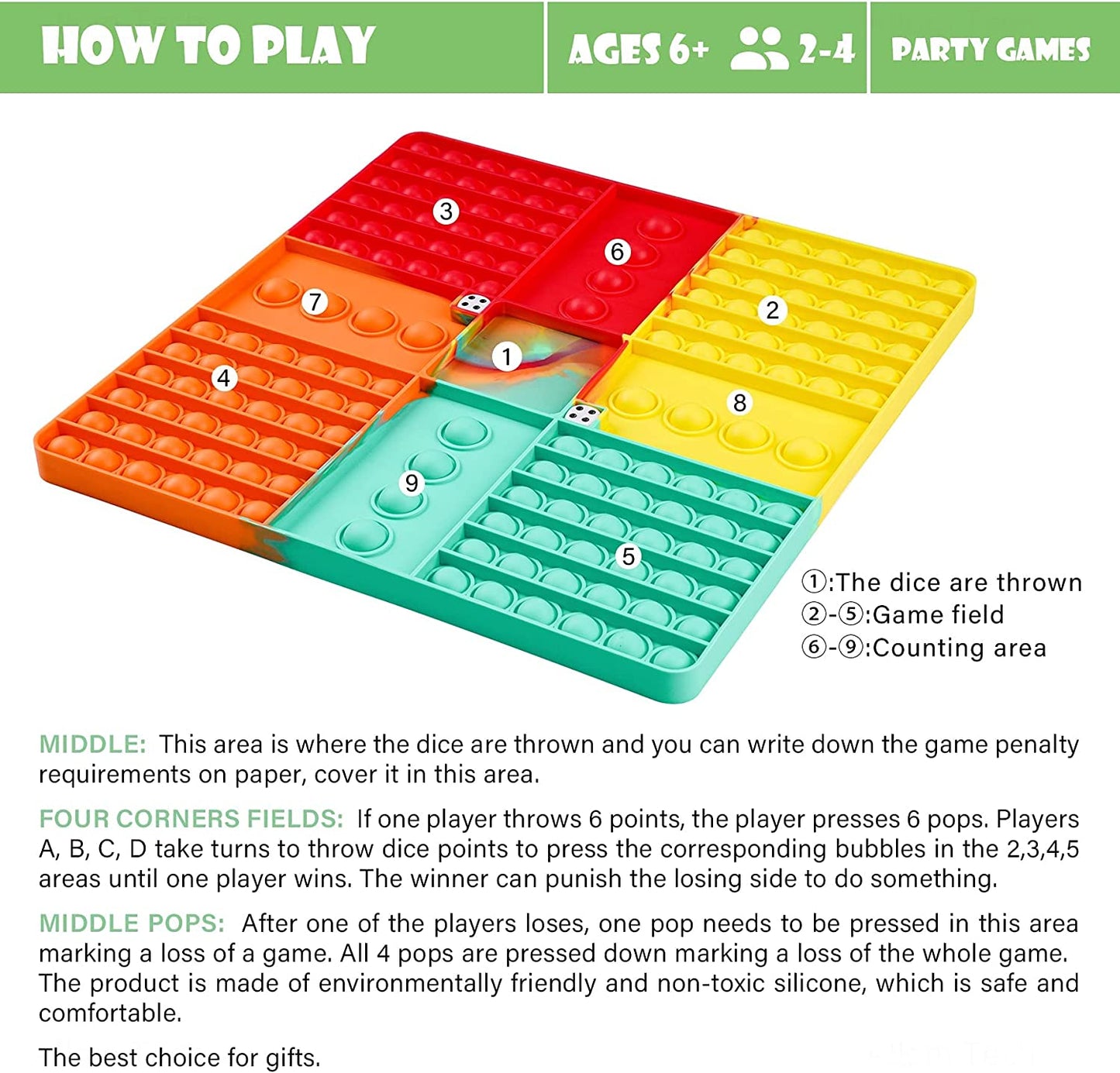 Oversize Silicone Bubble Push Popper Game Board 2PCS Dices 12"x12" Extra Large