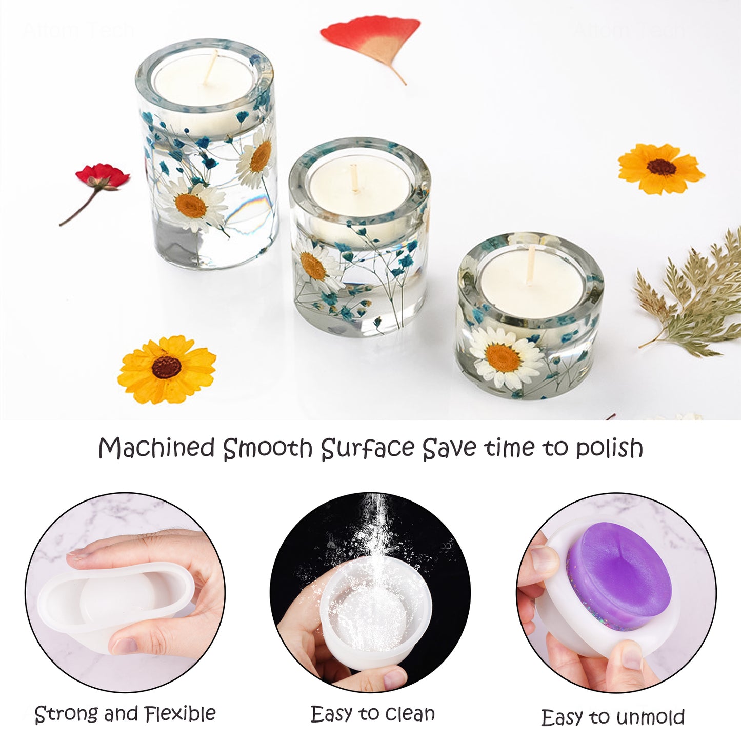 3PCS Cylinder Candle Holder Epoxy Resin Casting Silicone Mold Kit+10PCS Tealig