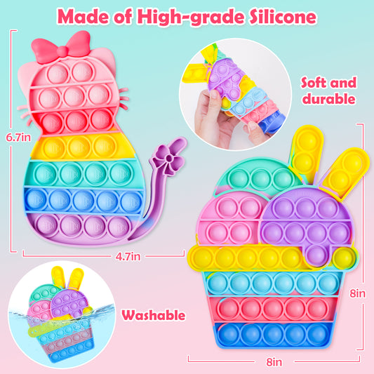2PCS Bubble Fidget Toy - Ice Cream + Cat, Rainbow Colors