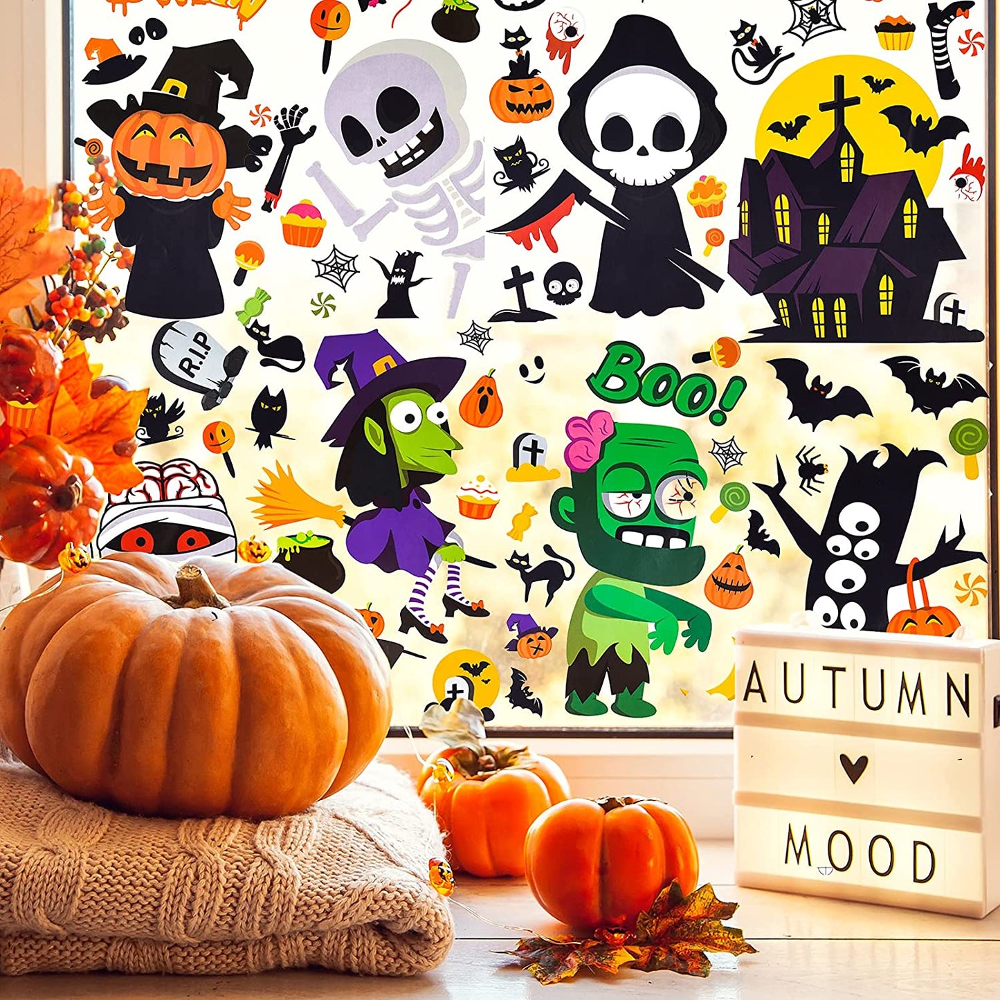 126PCS Cartoon Halloween Window Cling Decal Stickers Home Office School 6 Sheets