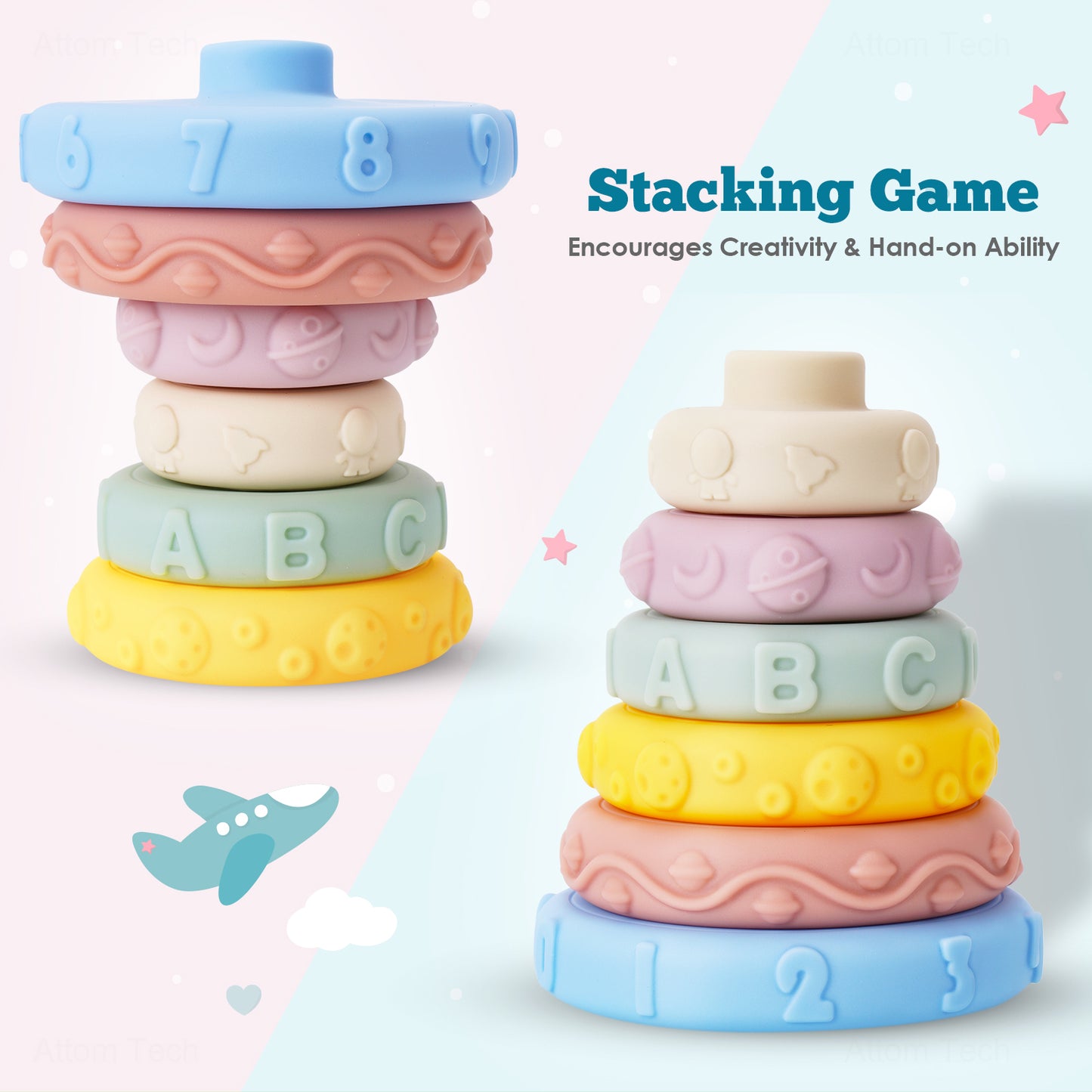 Stacking Nesting Building Ring 6PCS Tower Teether Stacker Toy for Boys and Girls
