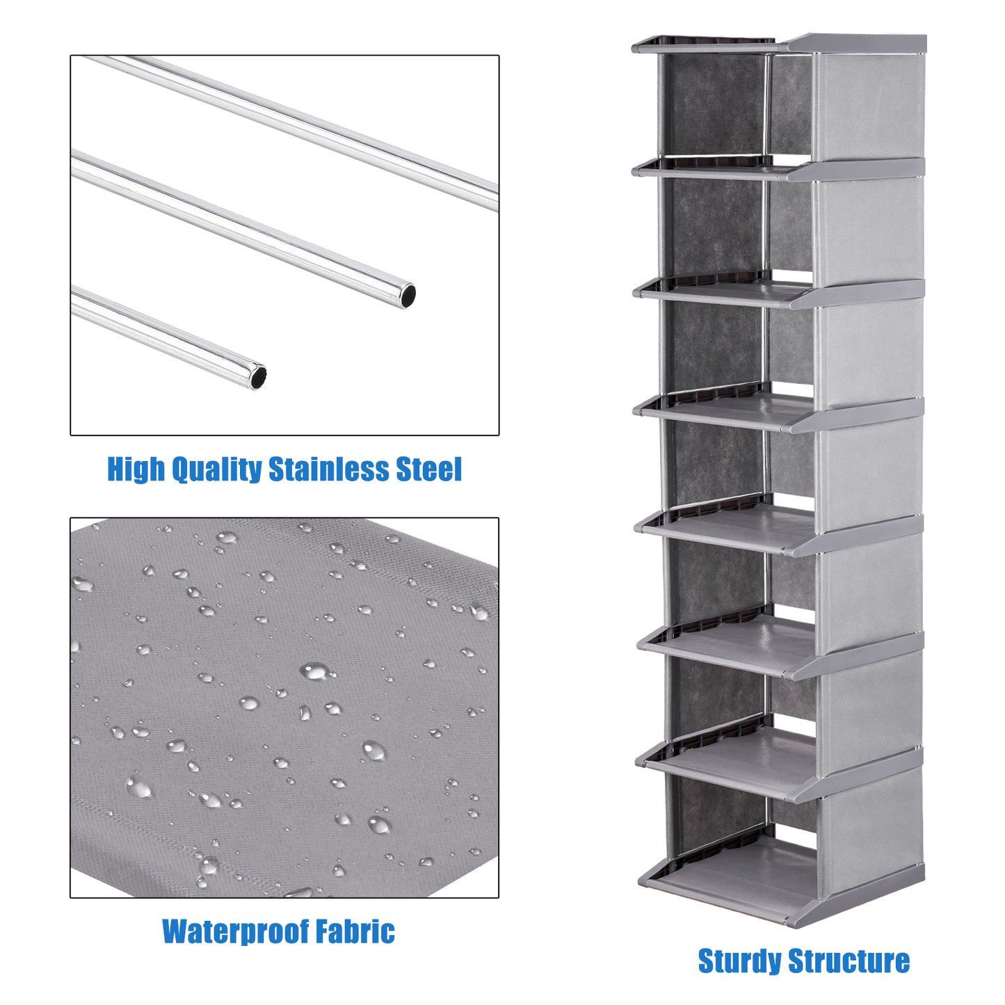 8-Tier Shoe Rack Tall Narrow 12"x11"x48" Lightweight Space-Saving Shelf Storage