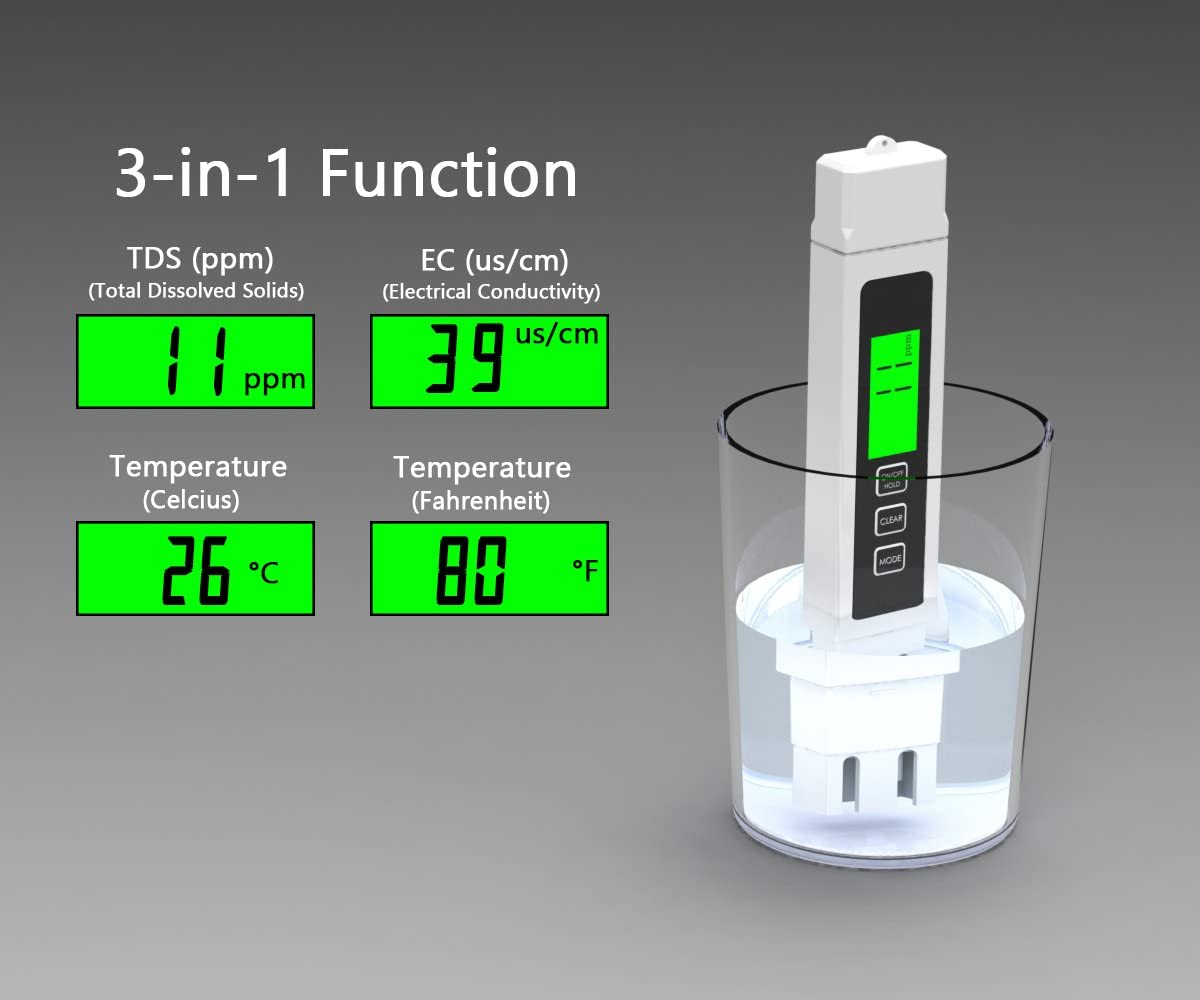 Water Quality Tester Kit, 3-in-1 TDS Meter, EC,Temperature Meter with LCD Back