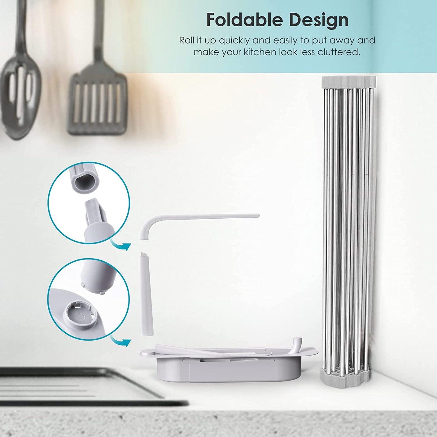 Roll Up Dish Drying Rack w/ Sink Caddy Expandable Over The Sink Dish Drying Rack