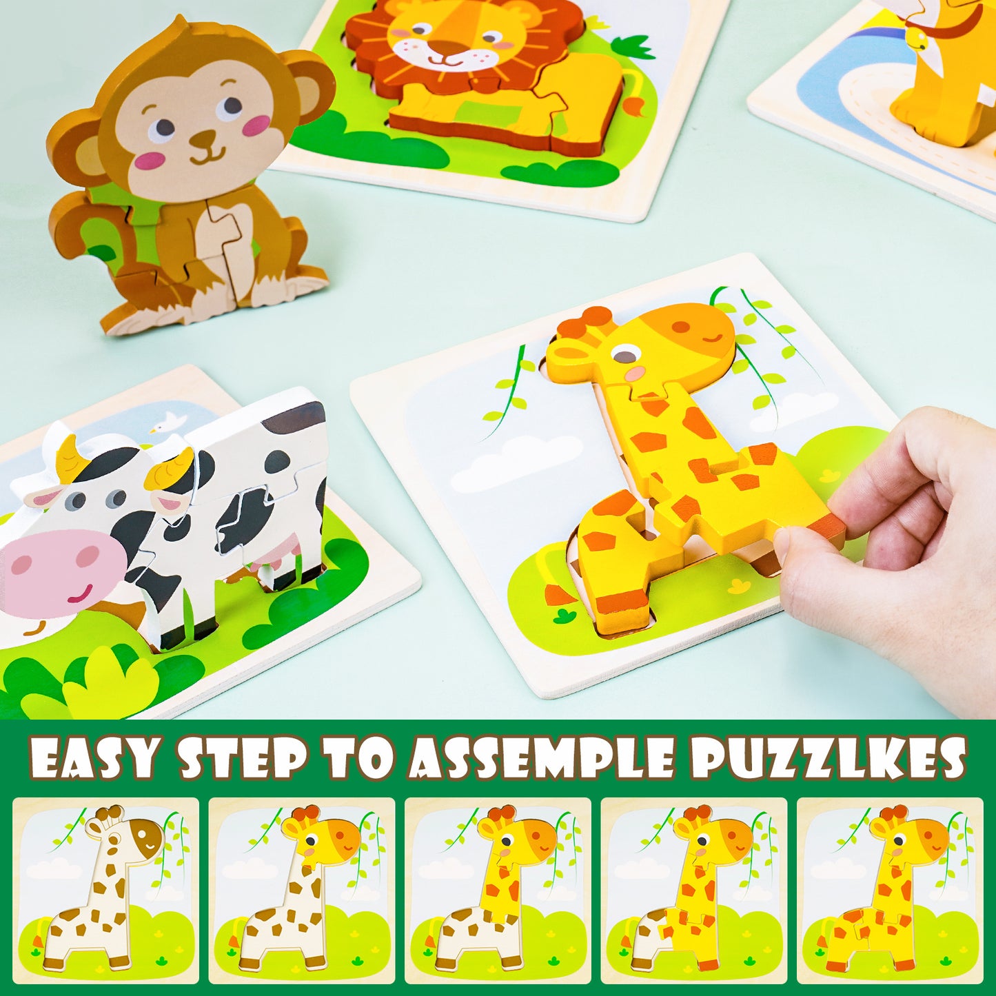 Wooden Animal Jigsaw Puzzles Educational Building Block Toy STEM Set (6 Animals)