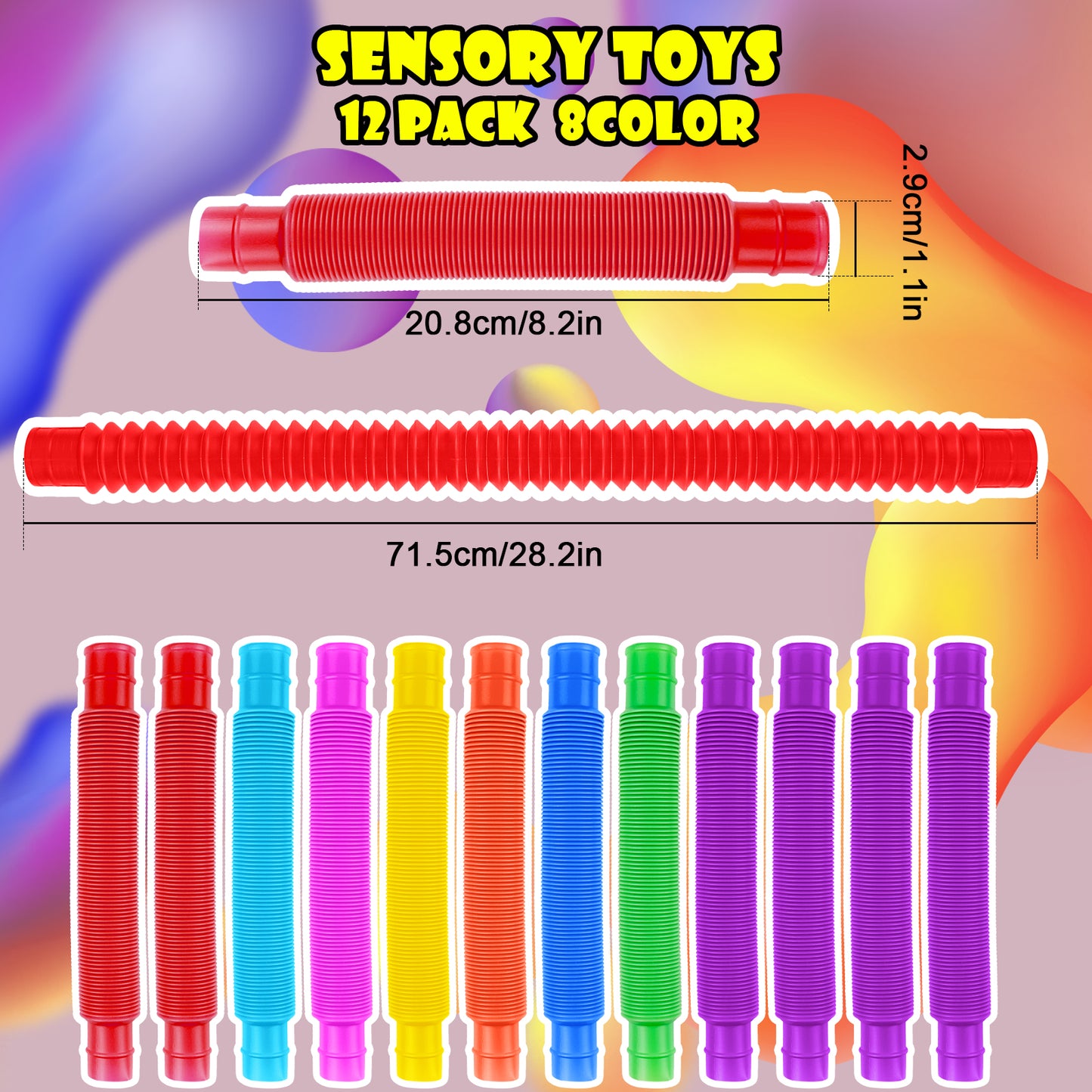 Big Pop Tube Sensory Fidget Toy 12PCS Stretchable Pipes Stress Anxiety Reducer