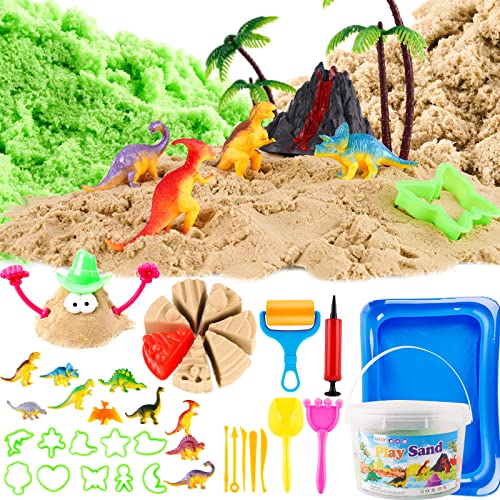 Play Sand Kit 3.3lbs 2 Colors Sensory Sand with Dinosaur Animal Cake Molds Tools