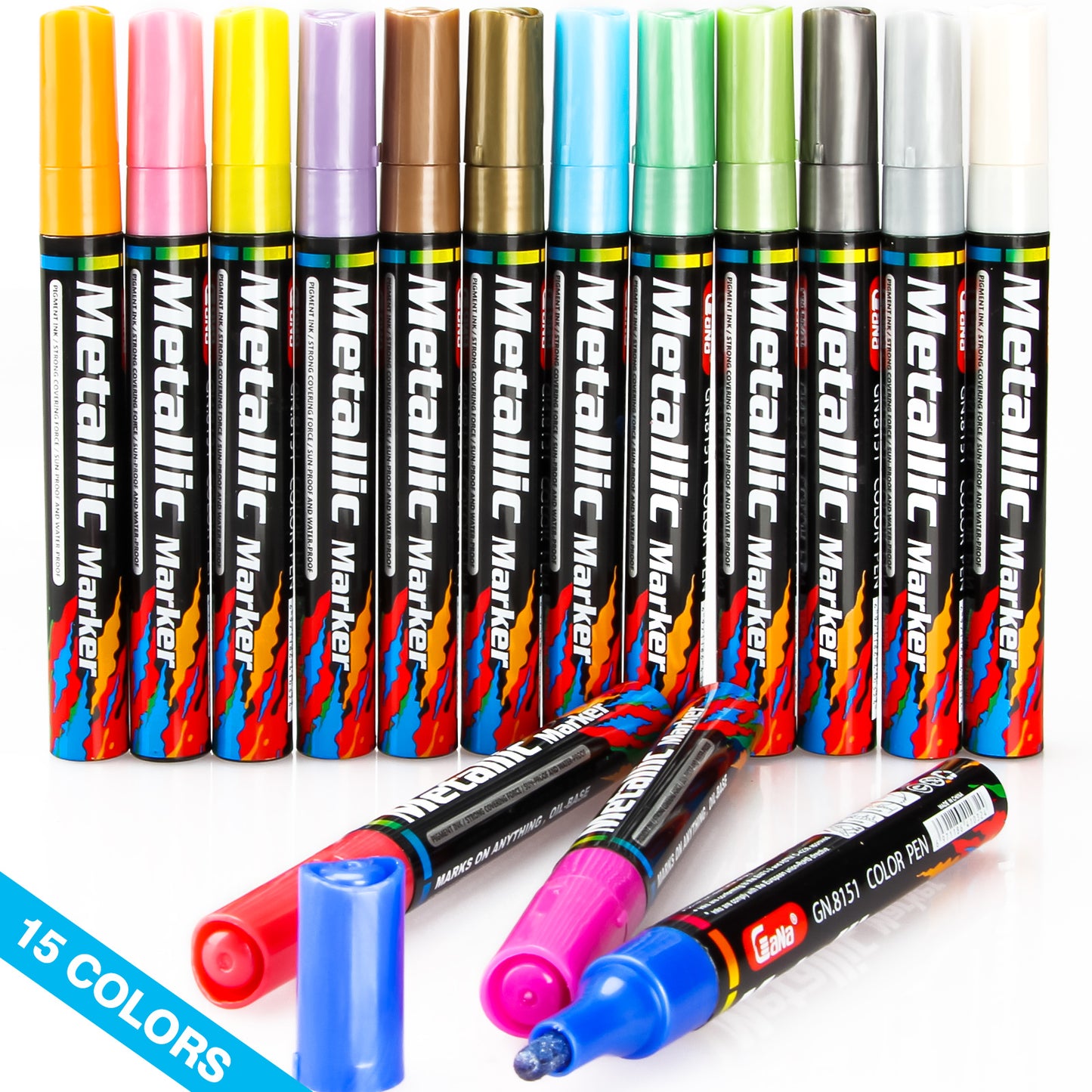 15 Color Assorted Metallic Marker Pens, 3mm Tip Sheen Glitter Painting Pen