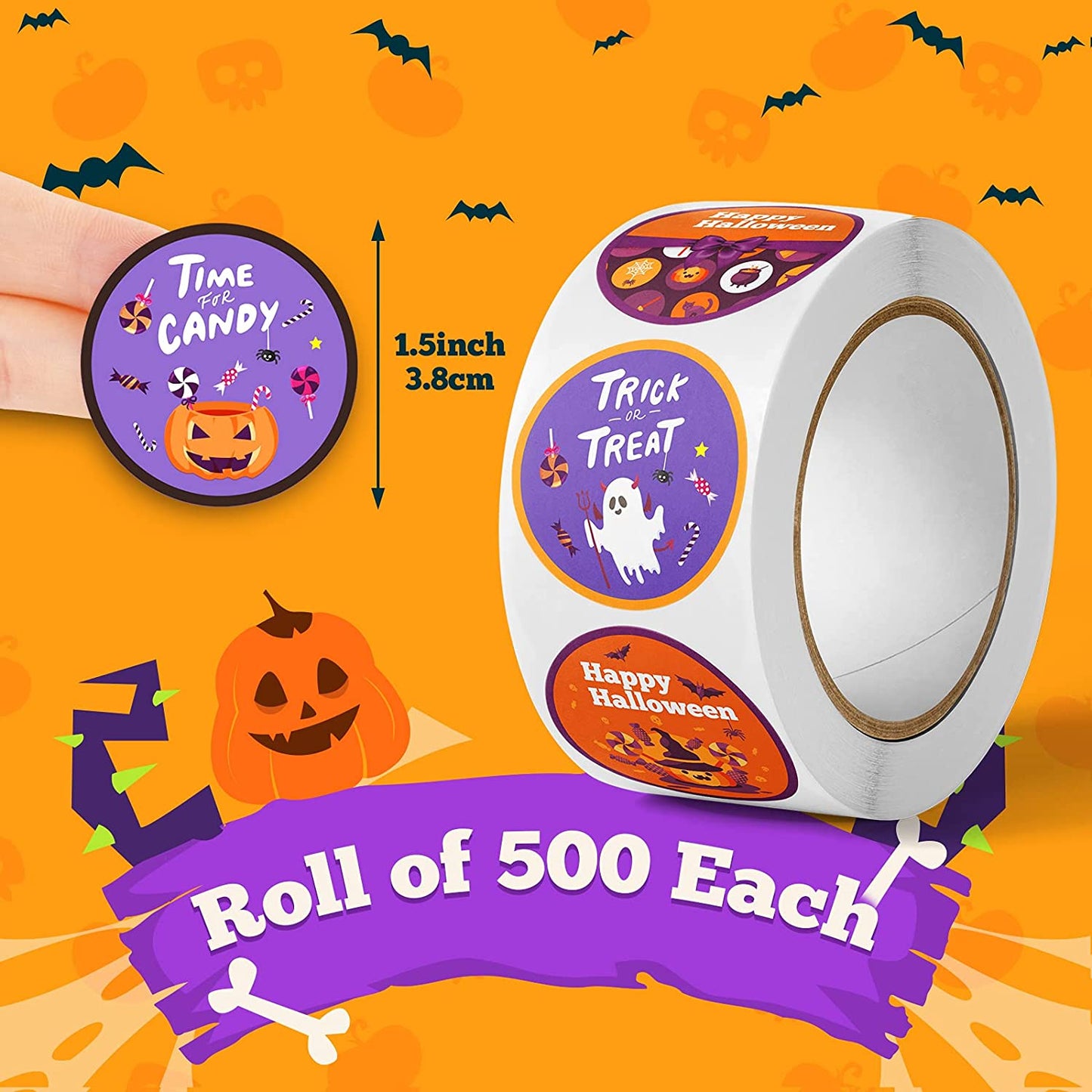 500PCS 1.5" Large Self-Adhesive Halloween Round Sticker Label Roll 6 Designs
