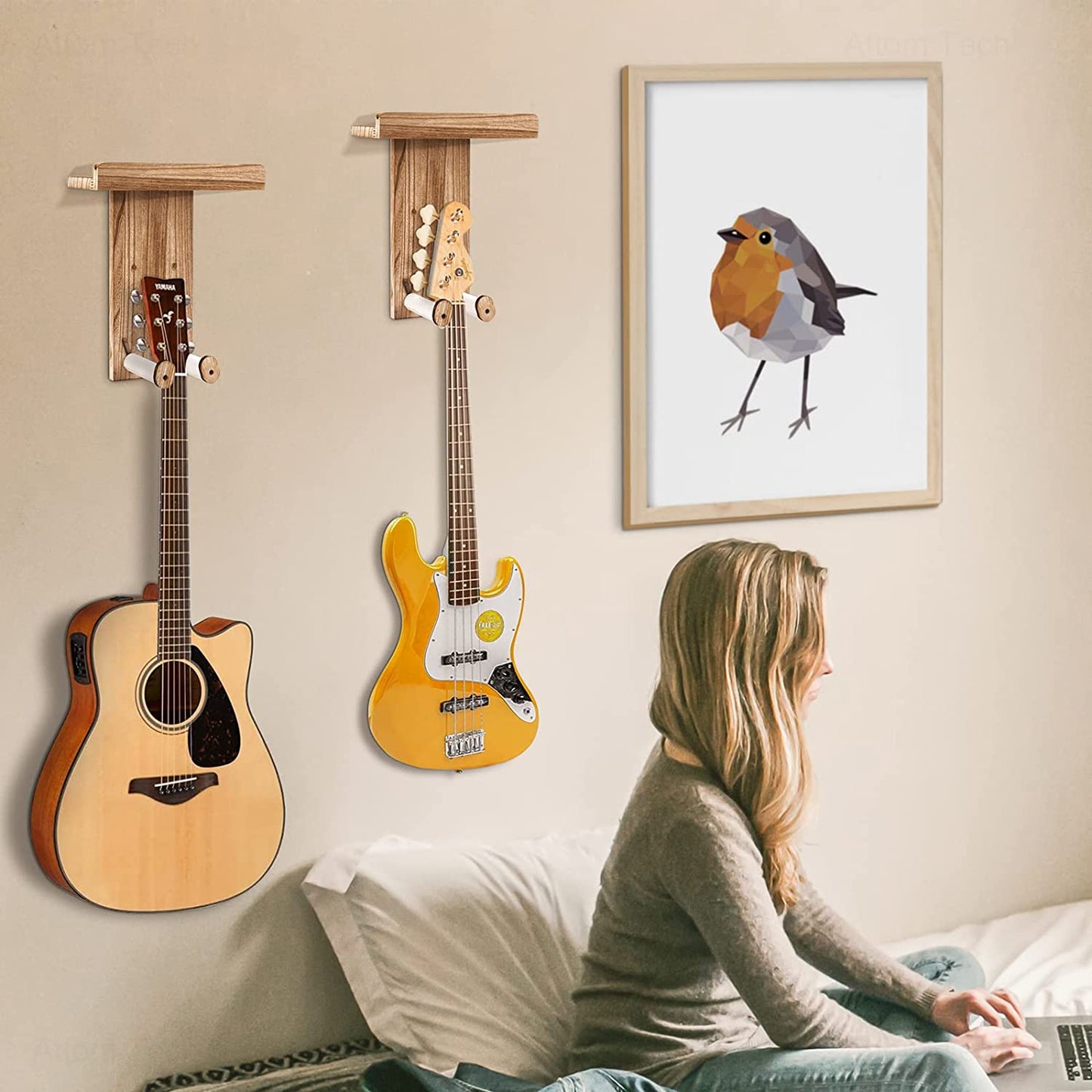Guitar Wall Mount Guitar Picks 2PCS Natural Wood Guitar Wall Hanger Holder Shelf