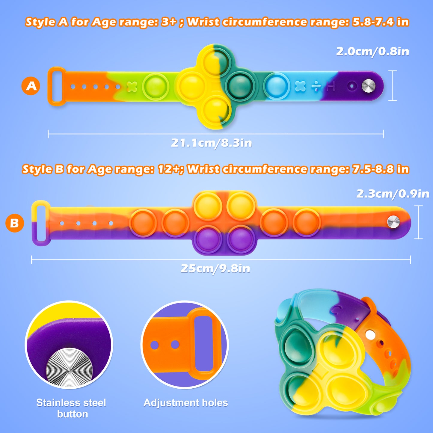 2PCS Silicone Push Pop Bubble Bracelet Fidget Toys, Two Sizes Wristband Squeez