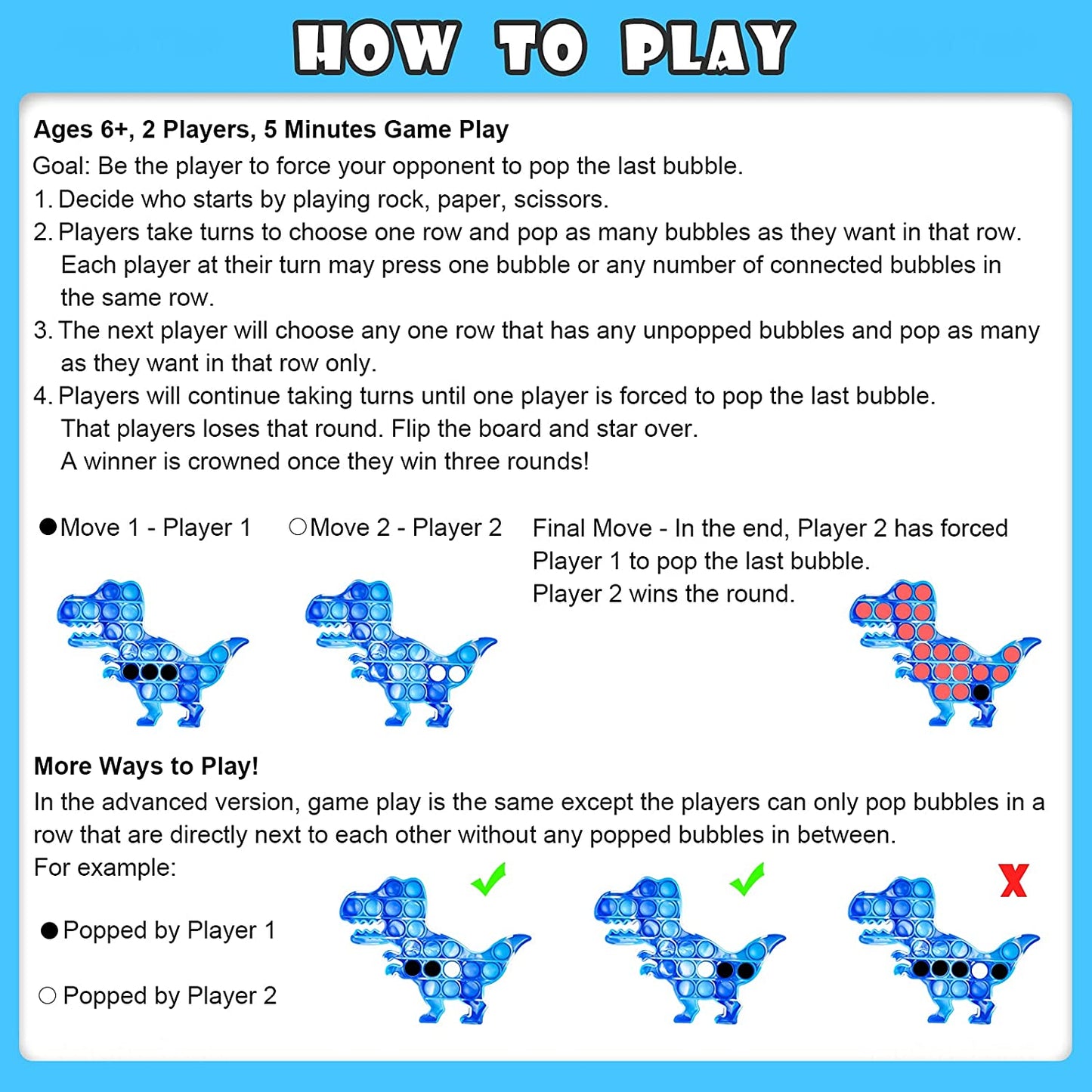 Push Pop Bubble Fidget Sensory Toy Blue Dinosaur Stress Reducer Anxiety Relief