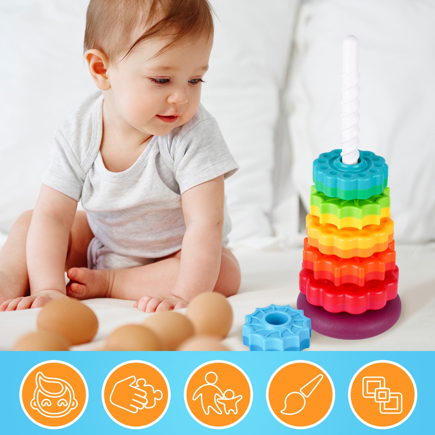 Spinning Stacking Toy for Kids Rainbow Tower Dual-Color Spinning Wheels BPA-Free