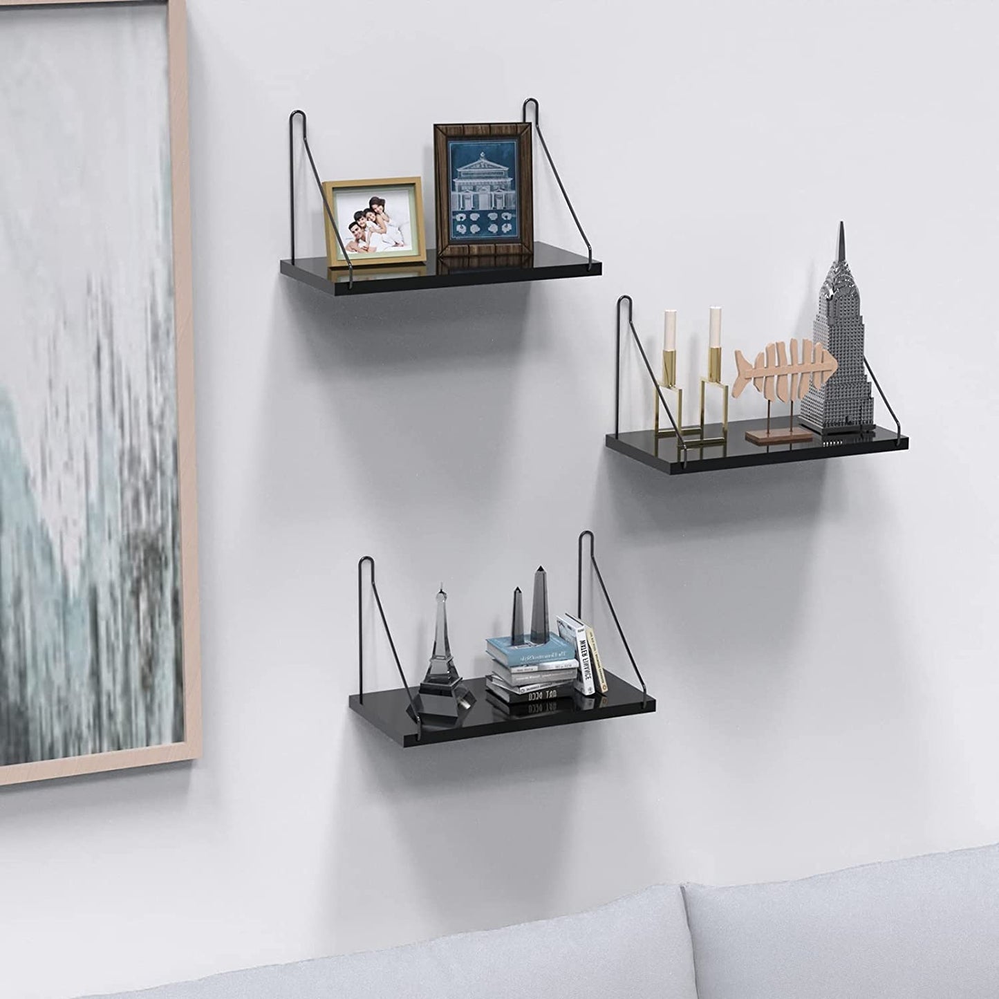 Wooden Floating Shelf Set of 3 Wall Mounted Decorative Display 11.7x5.9 (Black)