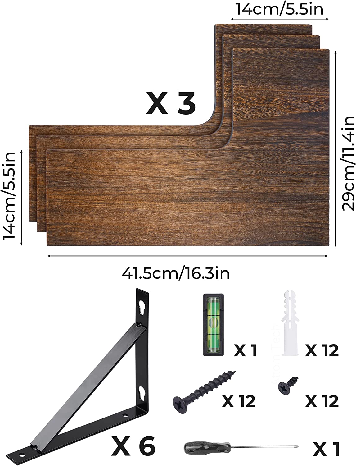 Solid Wood Wall Corner Floating Shelves L-Shape Rustic Wall-Mounted 3-Tire