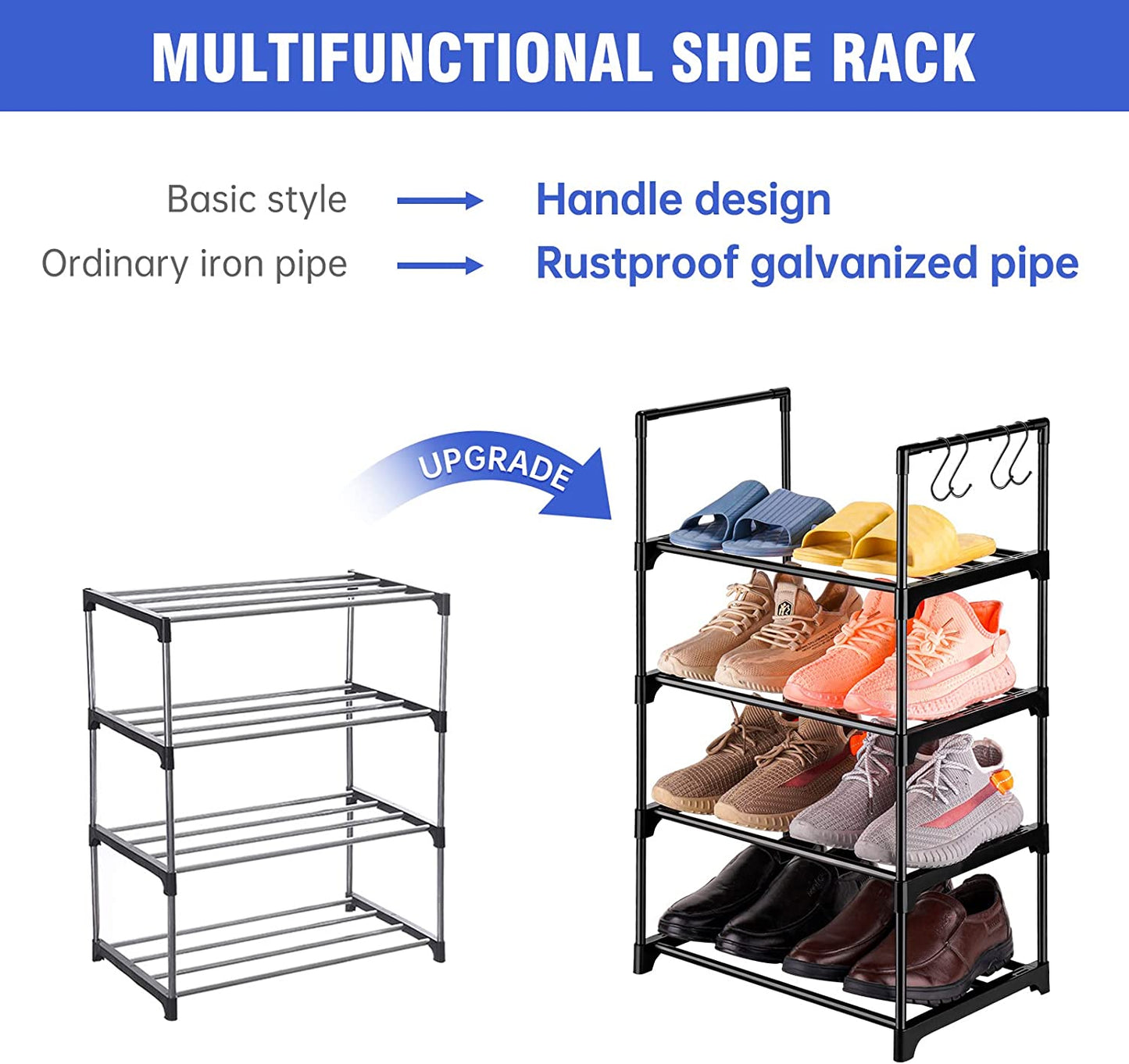 Shoe Rack 4-Tier Metal Storage Organizer Hooks Space Saving Hold 8 Pairs (Black)
