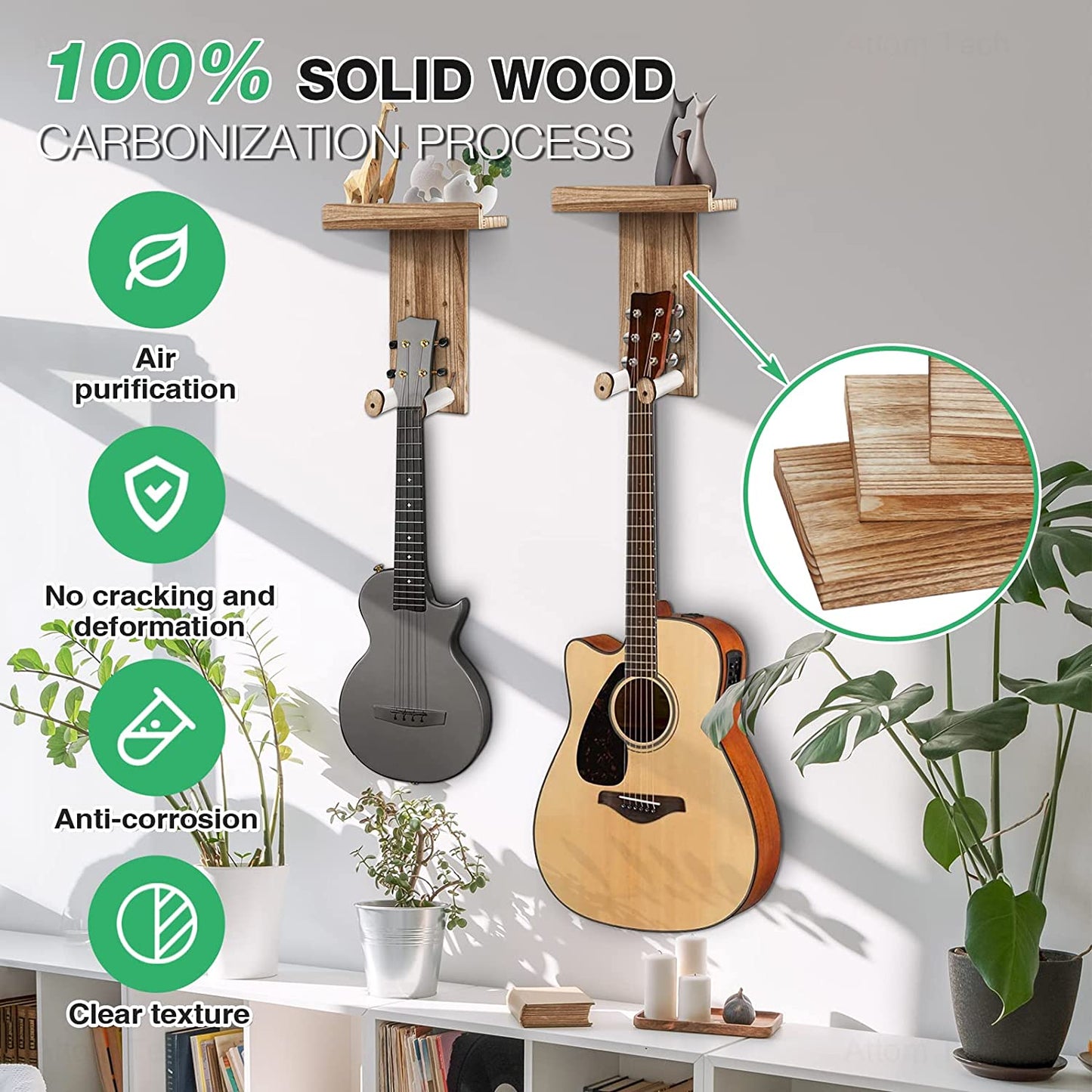 Guitar Wall Mount Guitar Picks 2PCS Natural Wood Guitar Wall Hanger Holder Shelf