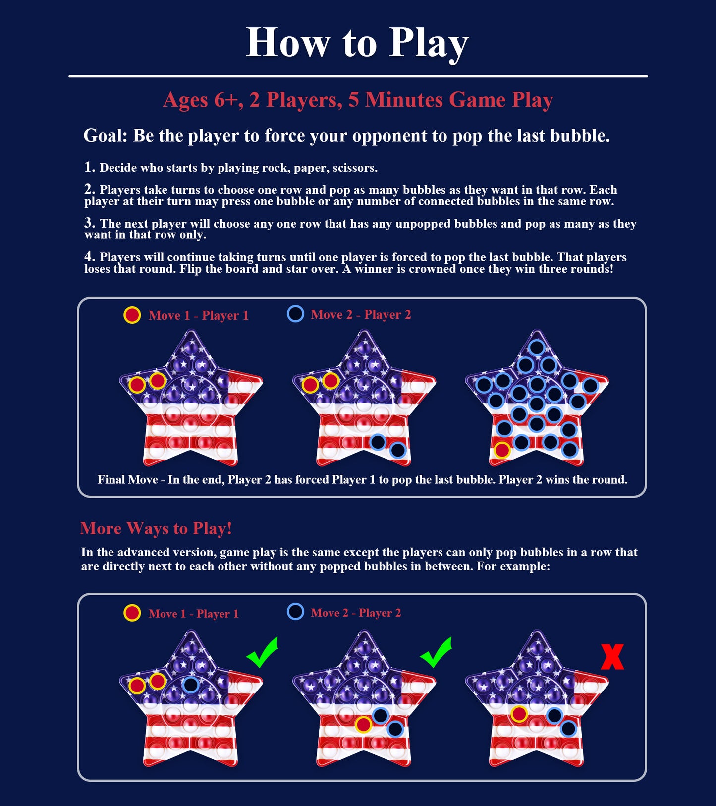 Fidget Pack Star USA Flag Pop Fidget Toy Silicone Sensory Bubble Game July 4th