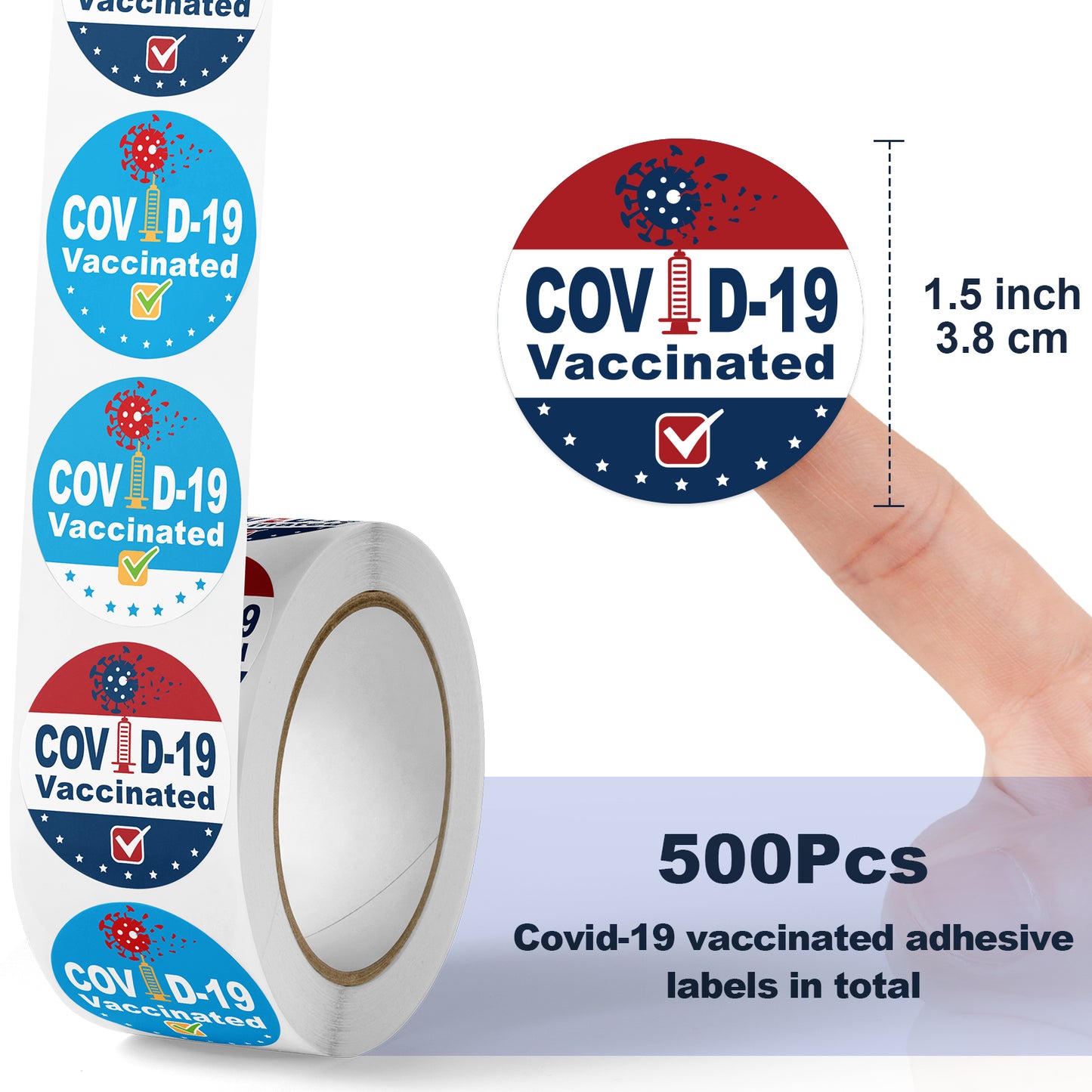 Vaccinated 1.5" Waterproof Round Label Sticker 500PCS Roll Assorted Designs