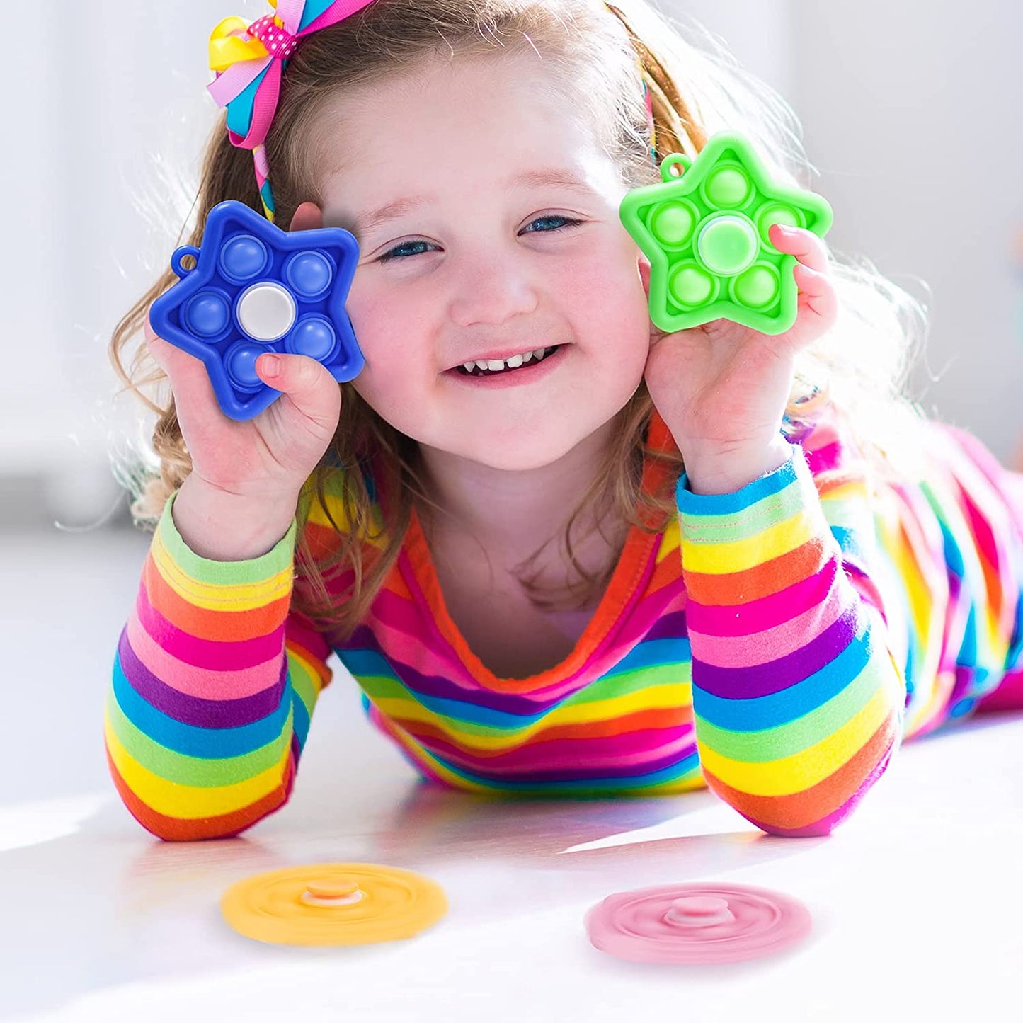4-Pack 2-in-1 Mini Star Pop Fidget Spinner Keychain Set, Push Pop Bubble Fidge
