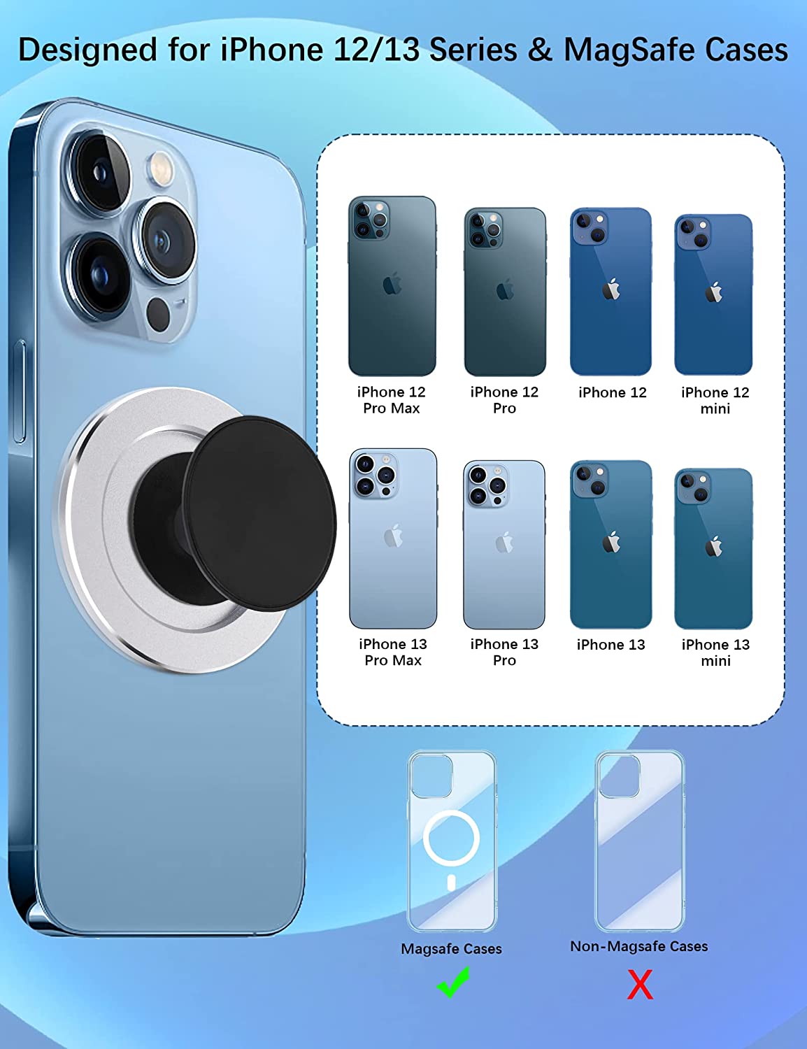 Removable Magnetic Base Phone Grip Holder Ring Stand Wireless Charging (Silver)