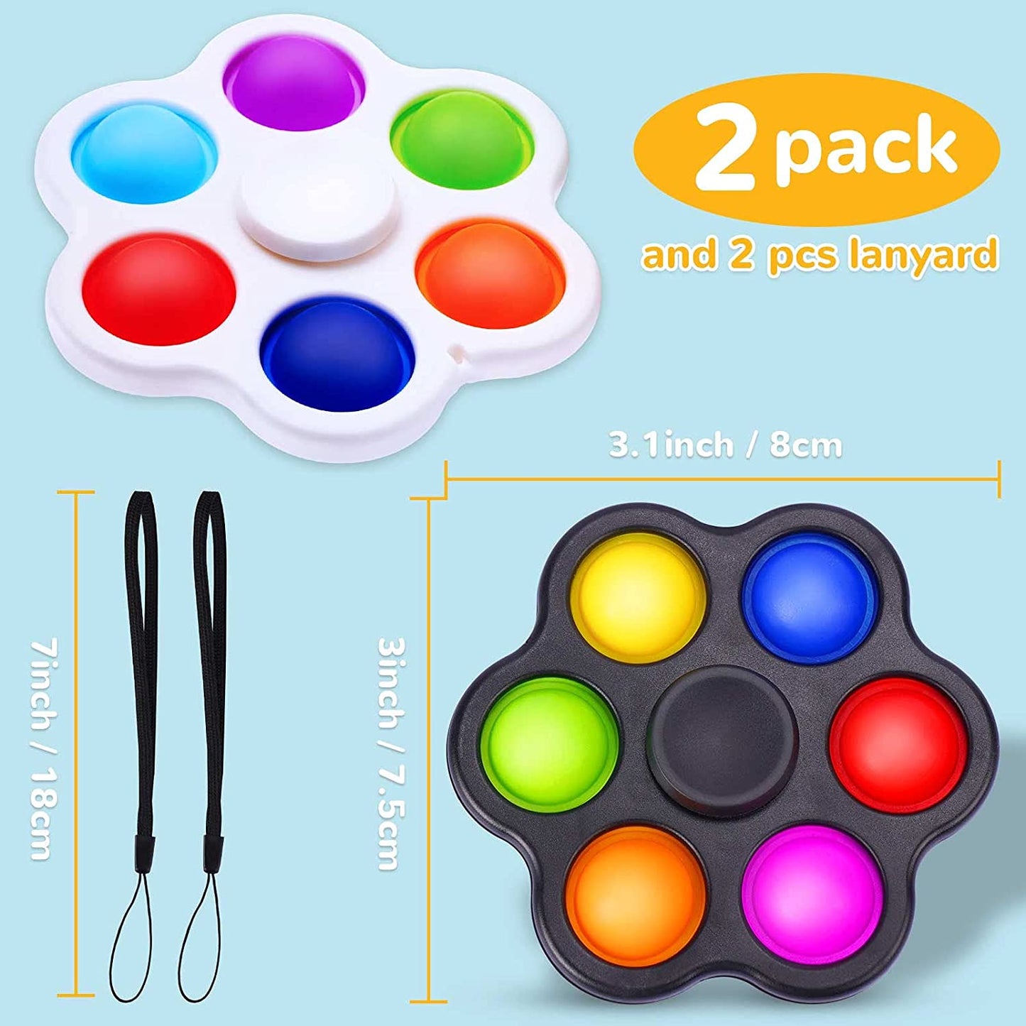 2PCS 2-in-1 Pop Fidget Spinners with Lanyards 6-Bubble Push Bubble Fidget Sens